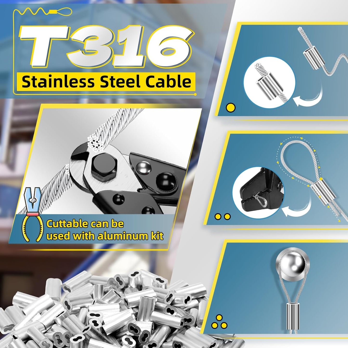 316 Stainless Steel Cable, 400FT 1/32IN Wire Rope with 100Pcs Aluminum Sleeves Stops, for String Lights Hanging, Clotheslines, Trellis Wire