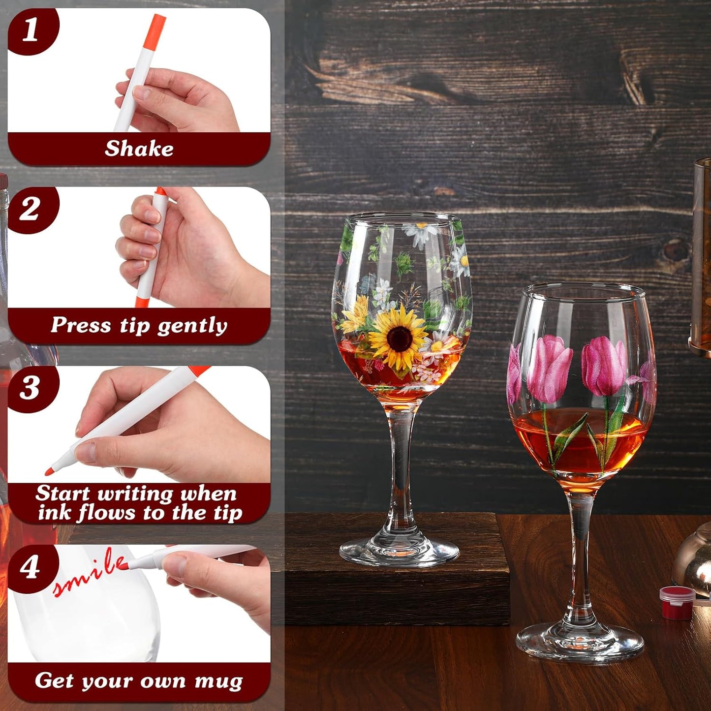 Pickmesh 4 Set Paint Your Own Glasses Kit for Adults 15 oz Wine Glass 12 Pcs DIY Markers 12 Colors Acrylic Paint with Brushes to Design Your Own Wine Glasses Gifts(High Feet)