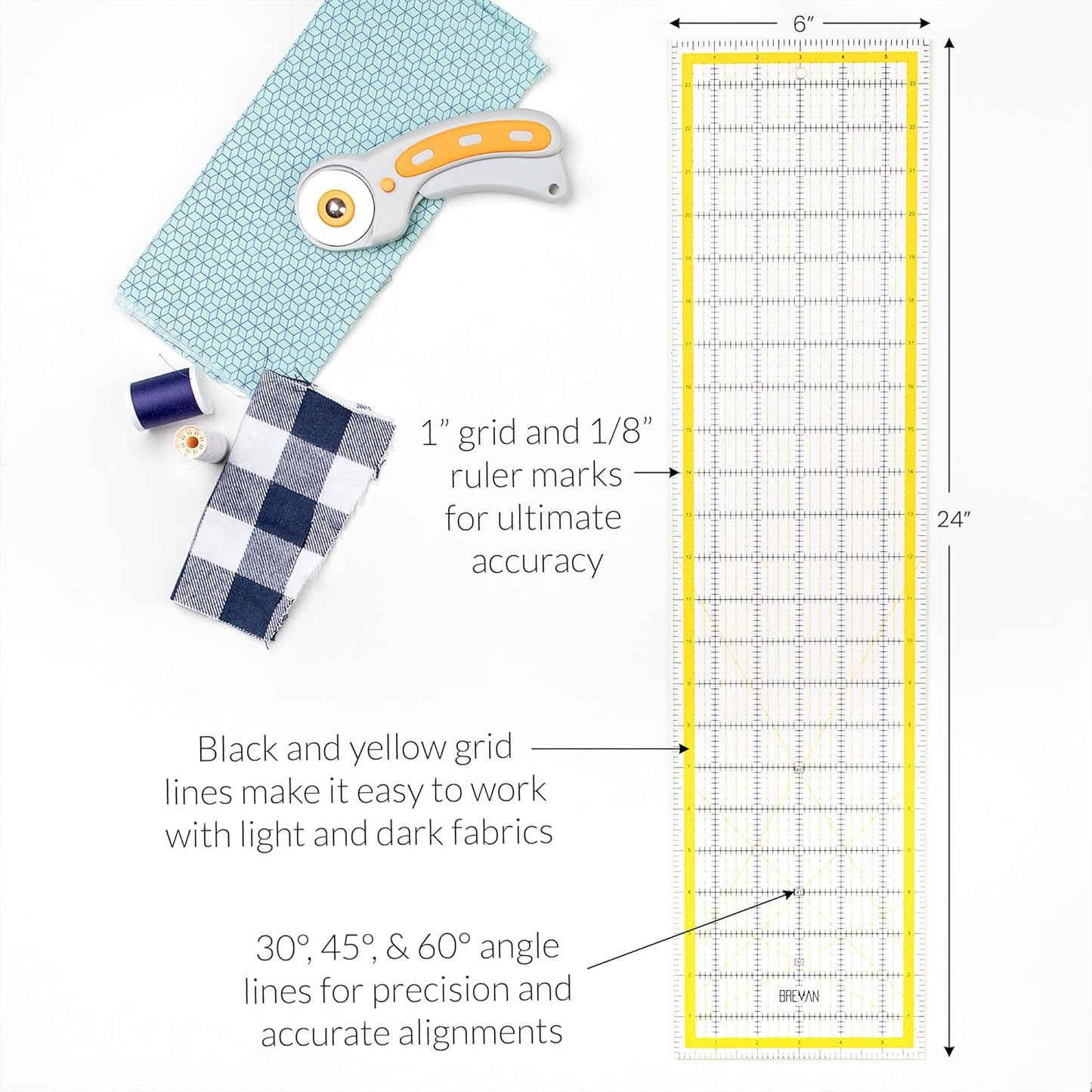 WA Portman Self Healing Cutting Mat & Rotary Cutter Set – 45mm Rotary Cutter for Fabric with 5 Extra Blades with 24x36 Fabric Cutting Mats for Crafts & 6x24 Acrylic Quilting Rulers – 3pc Sewing Kit