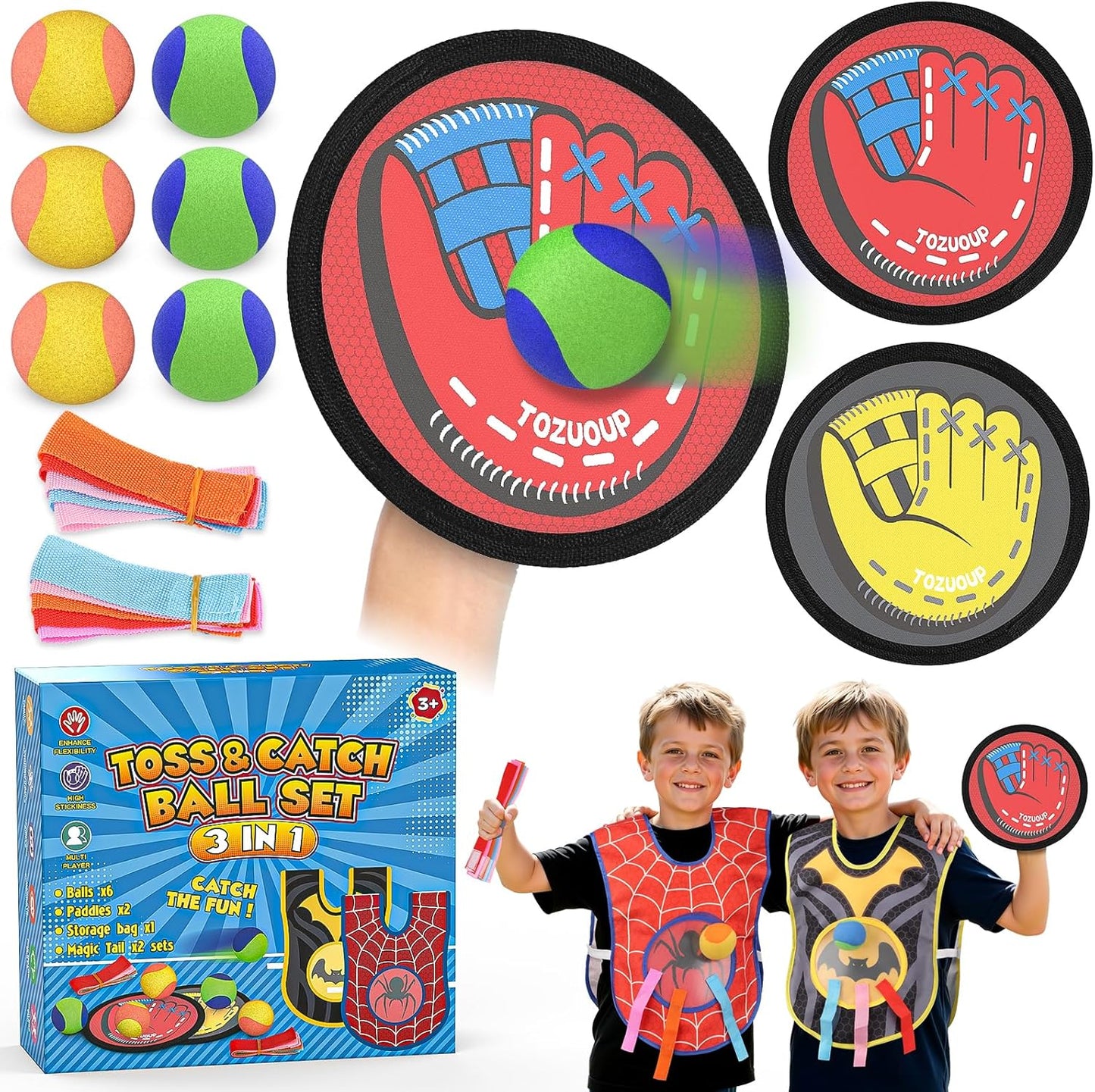 3-in-1 Toss and Catch Ball Game Set, Kids Toddler Baseball Glove, Beach Games Outdoor Yard Lawn Toys for Kids & Family, Birthday Gifts Toys for 3 4 5 6 7 8-12 Year Old Boys and Girls