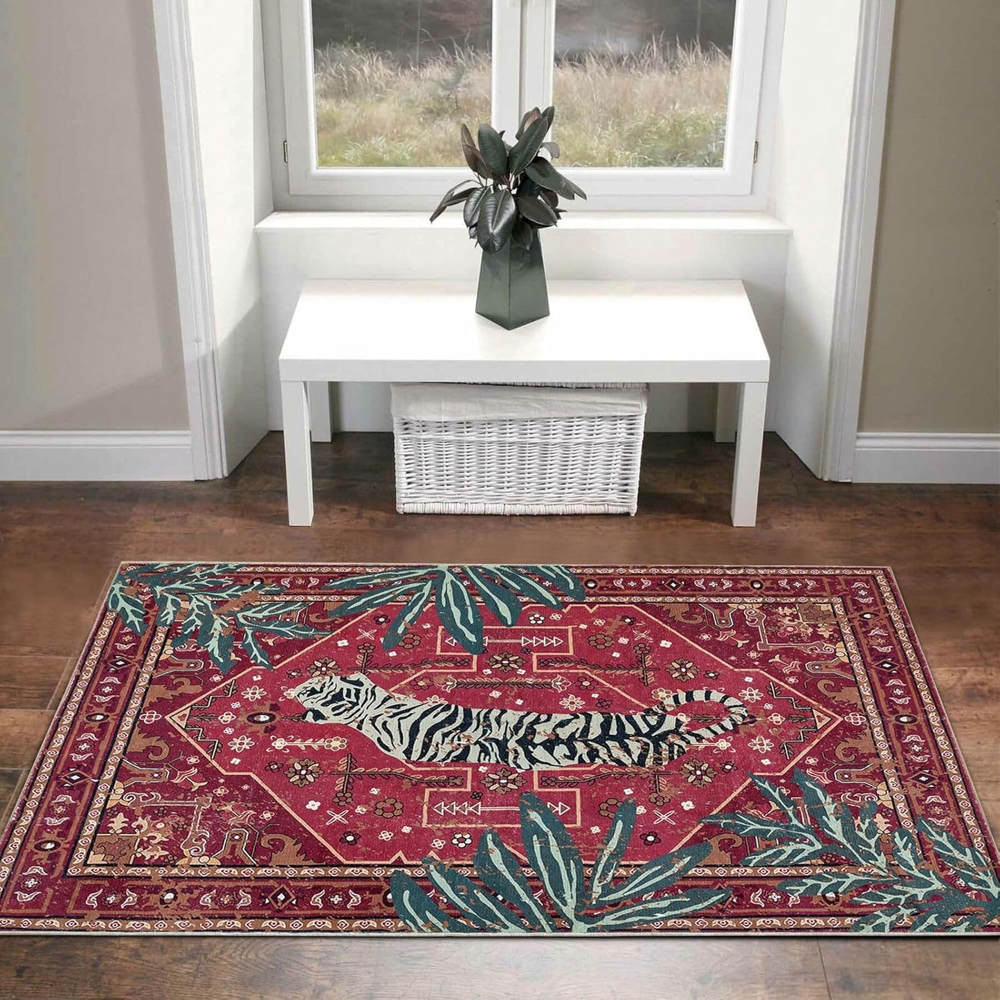 Vintage Tribal Faux Wool Red Boho Throw Rugs - 2x3, Non-Slip, Washable for Bathroom, Kitchen, Indoor, Entryway, Modern, Distressed, Tribal, Indian Accent Floor Mat