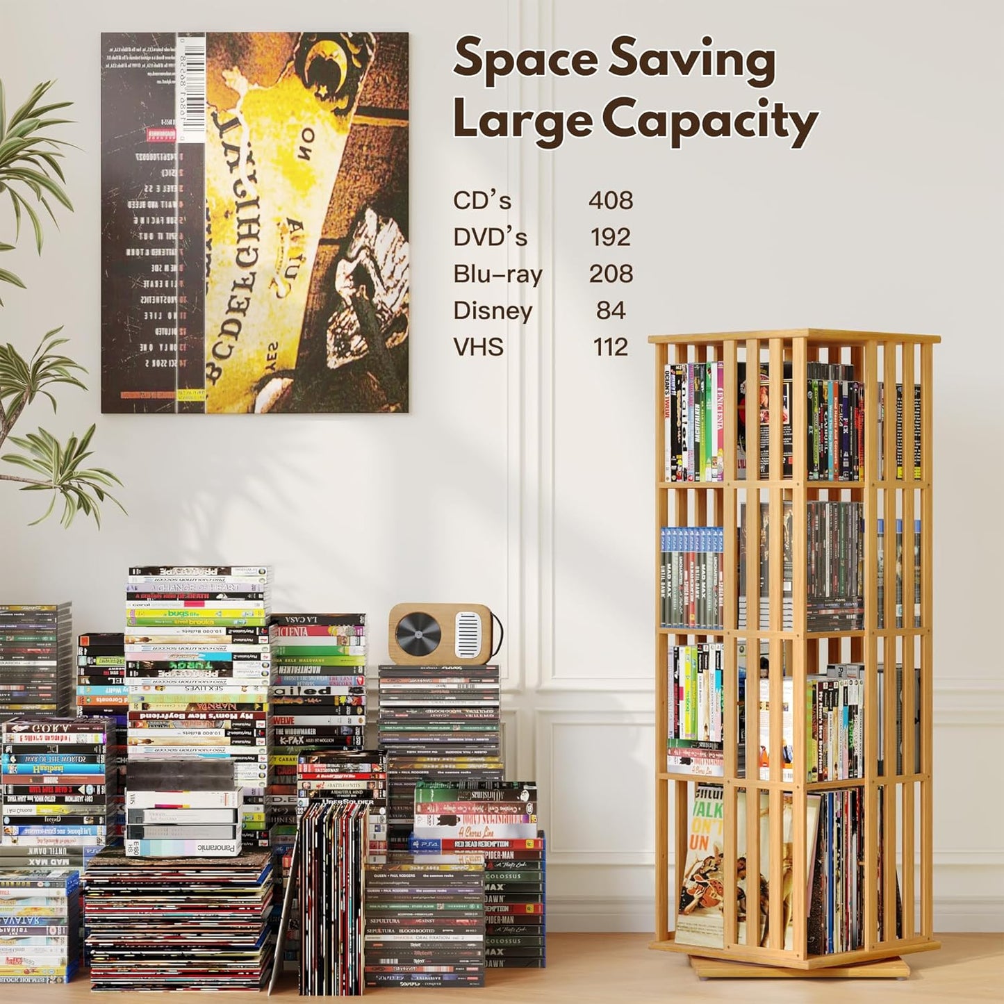 XIMN 360° Rotating Bamboo CD/DVD Shelf - 6-Tier Space-Saving Media Storage Cabinet for Movies, Organizer with Super Compact Design (Nature, 4 Tier)