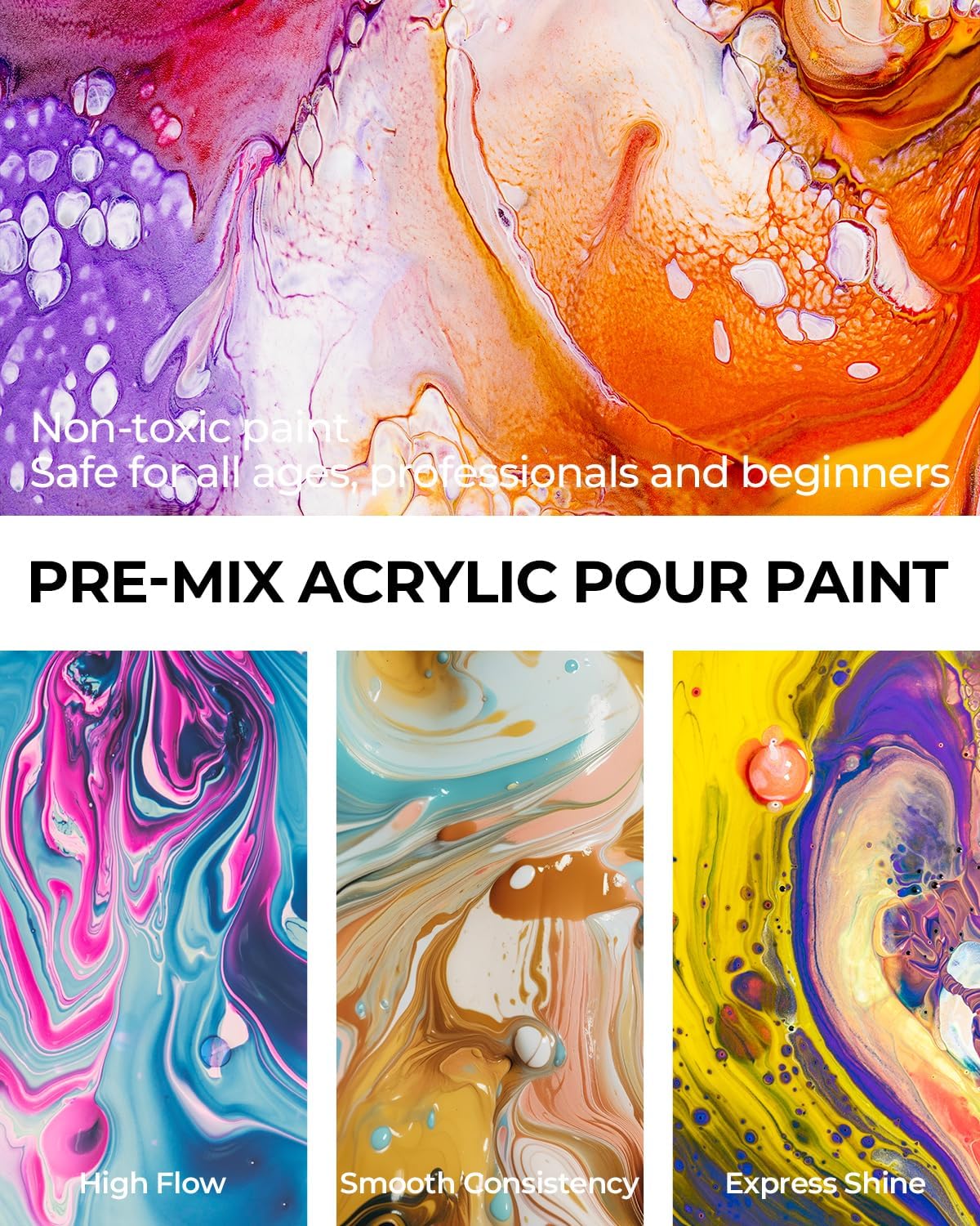 Nicpro 8 Colors Large Bulk Acrylic Pour Paint Set (69oz,2040ml) Premixed High Flow Art Pouring Paint Supplies Kit with Silicone Pour Oil, Gloves for Beginner Cell Creation Flow DIY, Ready to Pour