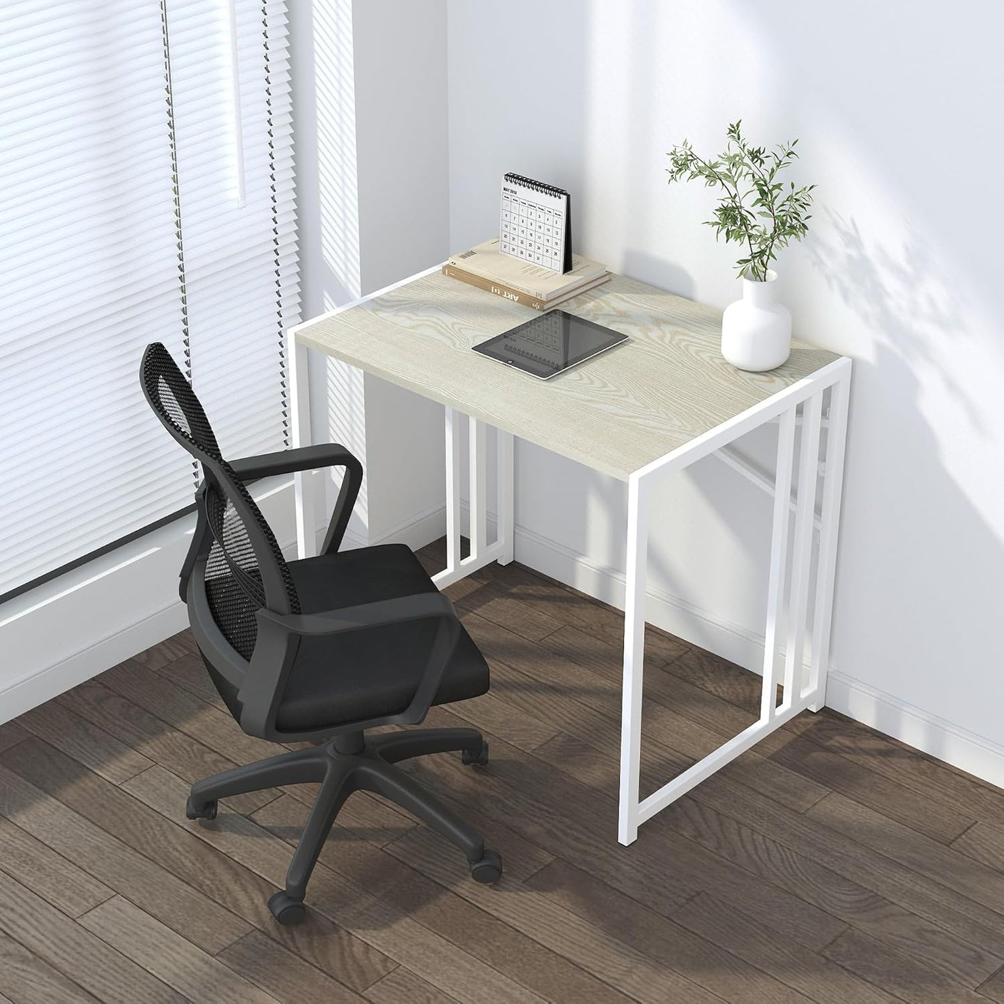 32 inch Small Folding Desk, Writing Gaming Computer Camping Desk for Small Spaces, No Assembly Required Home Office Desk, Natural and White
