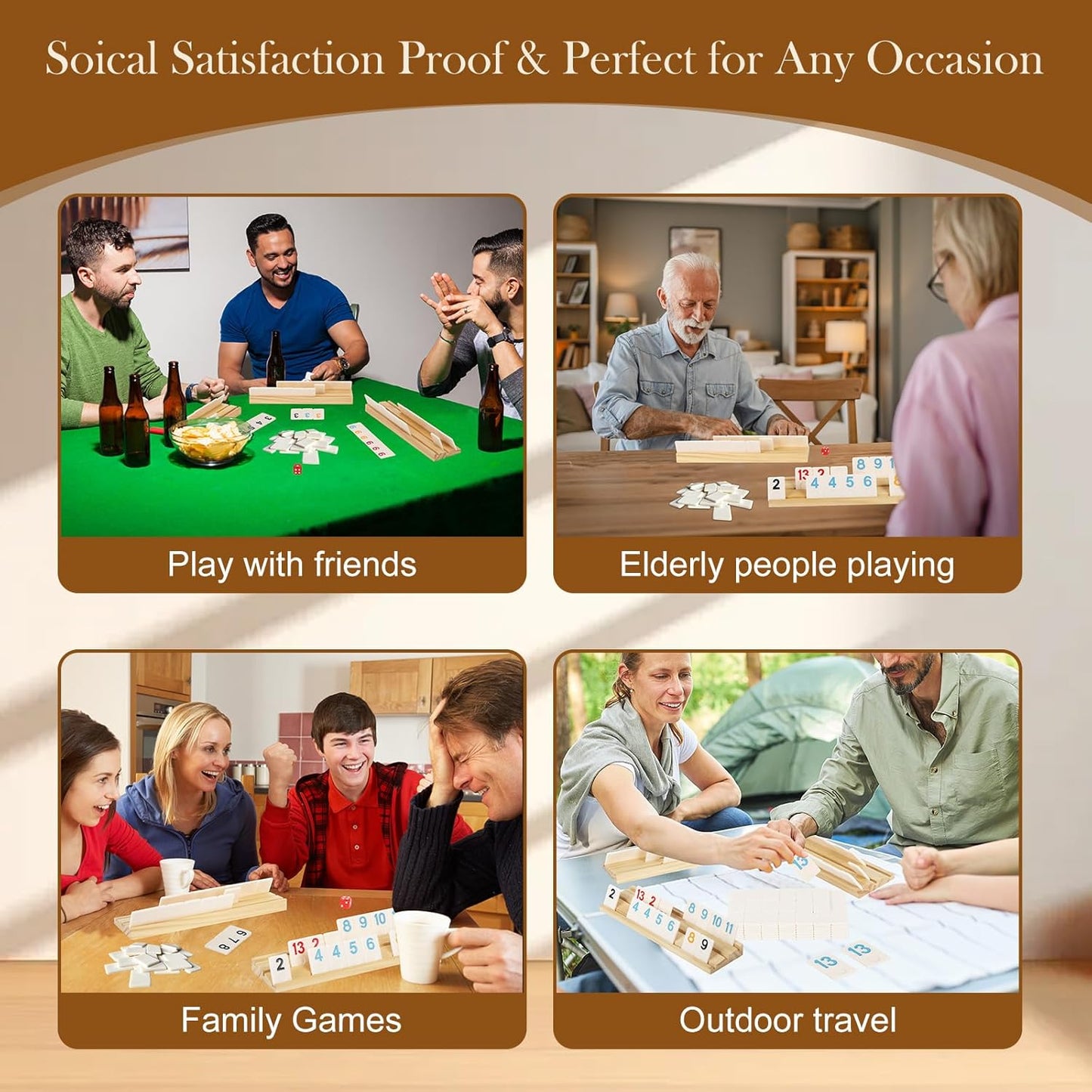 2-8 Players Rummy Game Set, 214 Melamine Tiles, 8 Wooden Racks, Drawstring Bag, Premium Portable Case, Tile Board Games for Adults, Travel, Birthday Gifts for Men Women Dad Mom