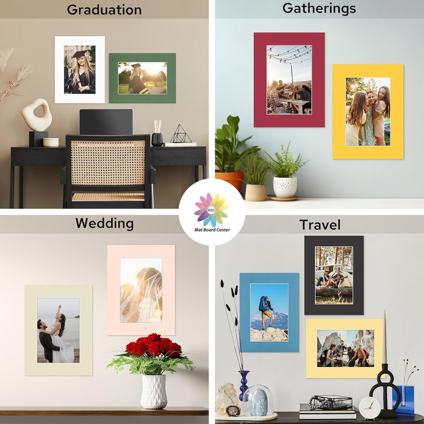 Mat Board Center, 12X16 Mix Color Mats for 8X12 Pictures - Acid Free, 4-Ply Thickness, White Core, Bevel Cut - for Artworks, Photos, Framing - Pack of 12
