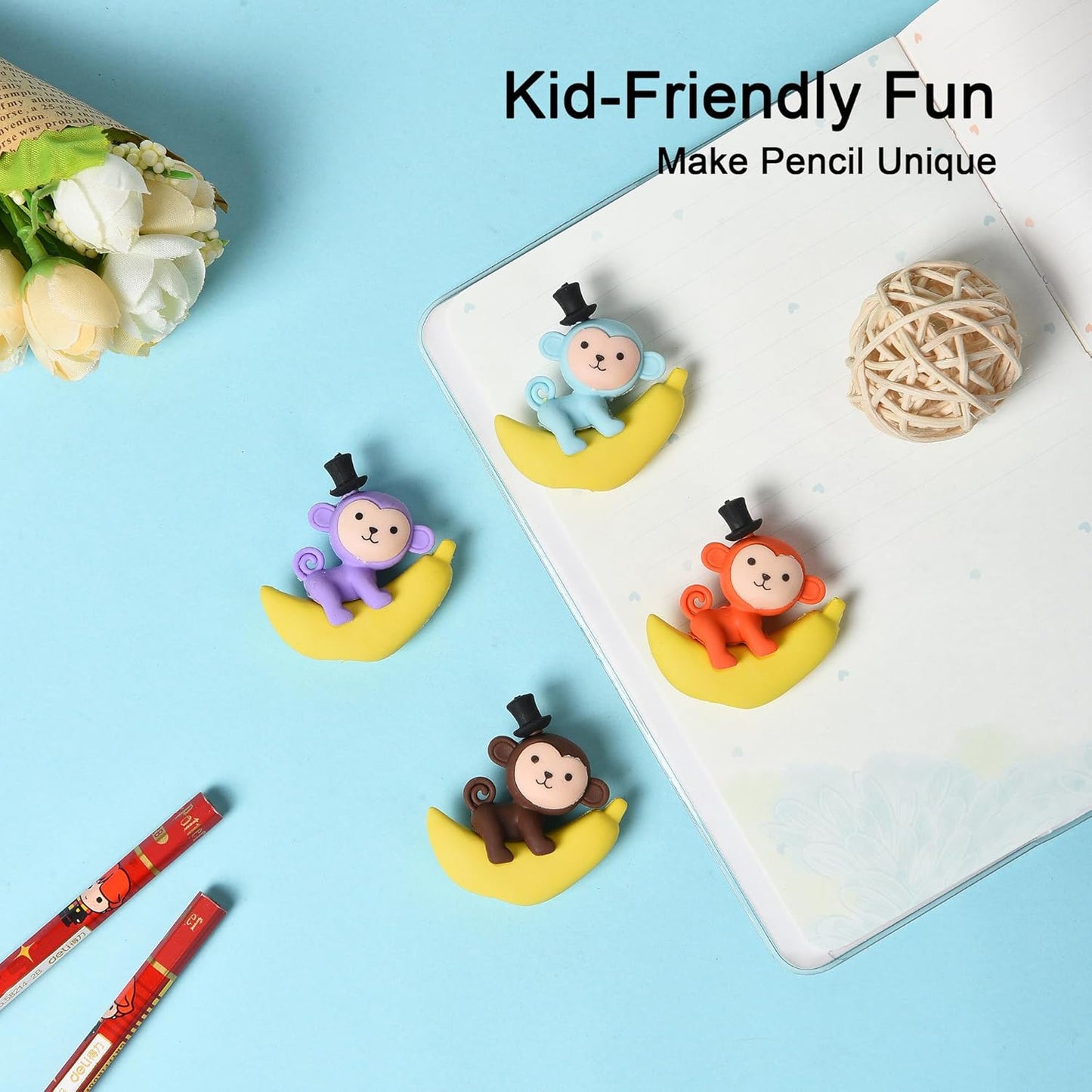 HILAZA 16Pcs Pencil Top Erasers for Kids, 3D Cute Monkey Pencil Toppers, Bulk Fun Pencil Cap Easters for School Classroom Supplies Prize Gifts Party Favors