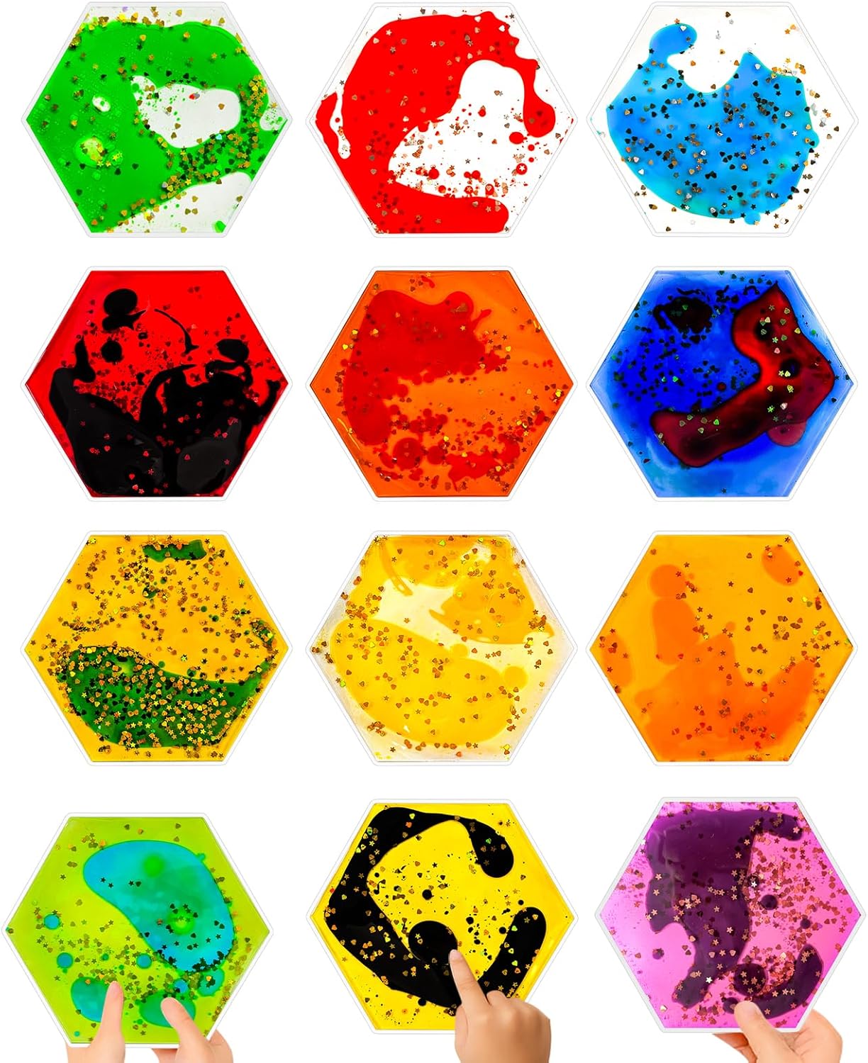 Squishy Liquid Sensory Tiles for Kids – Soft Colorful Hexagonal Tactile Play Pads for Squeezing, Visual Tracking, Desk, Calm Corner, Quiet Play or Travel (12-Pack, 5.2" x 3")