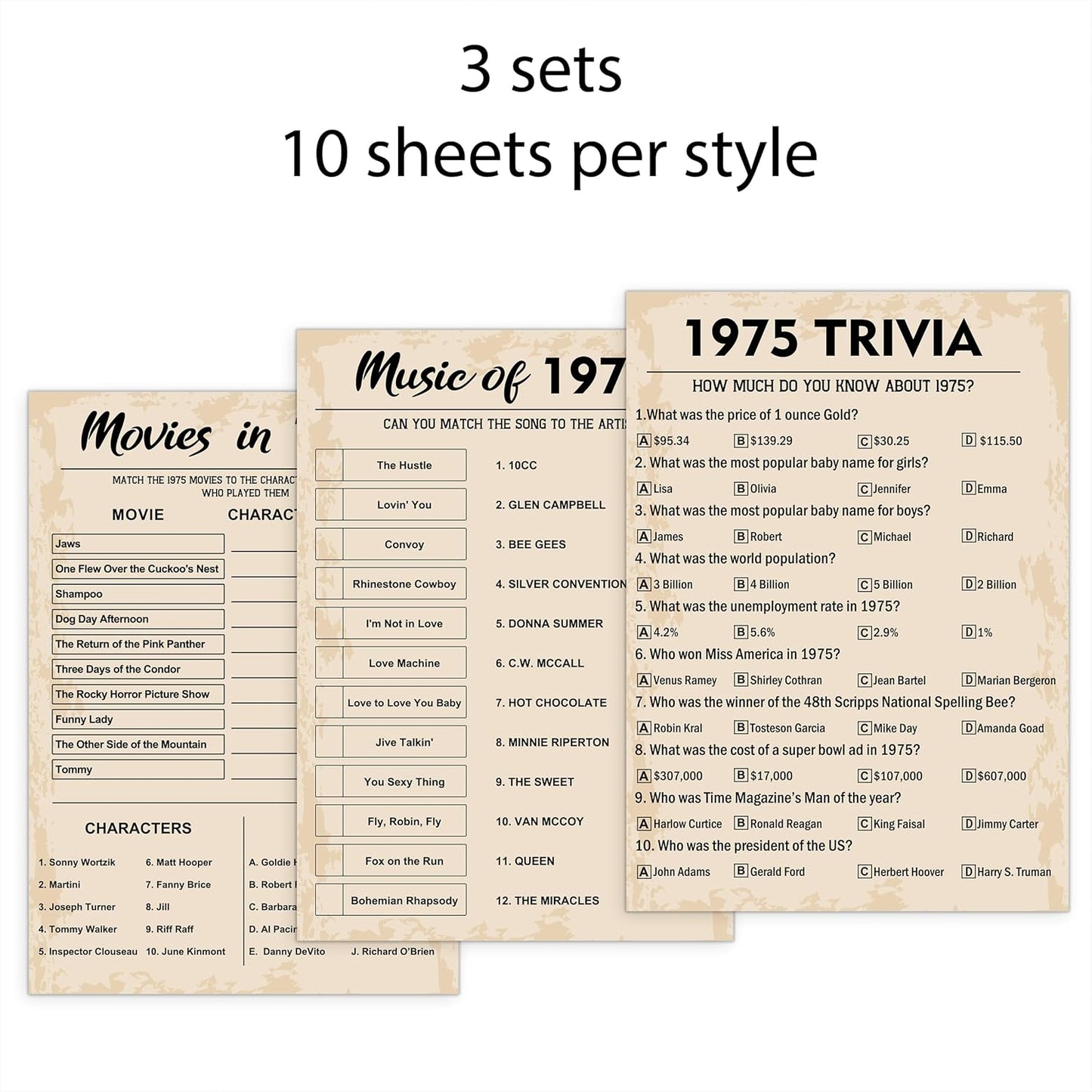 50th Birthday Party Games, Set of 3 Activities for 10 Guests, Born in 1975 Games Bundle, Birthday Party Supplies for Adults, Pack of 30 Cards