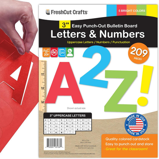 209 Pcs 3" Bright Bulletin Board Letters & Numbers, Capital, Numbers, Punctuation, US Made Card Stock Punch Out Letters for Poster, Bulletin Board, Classroom - Precut