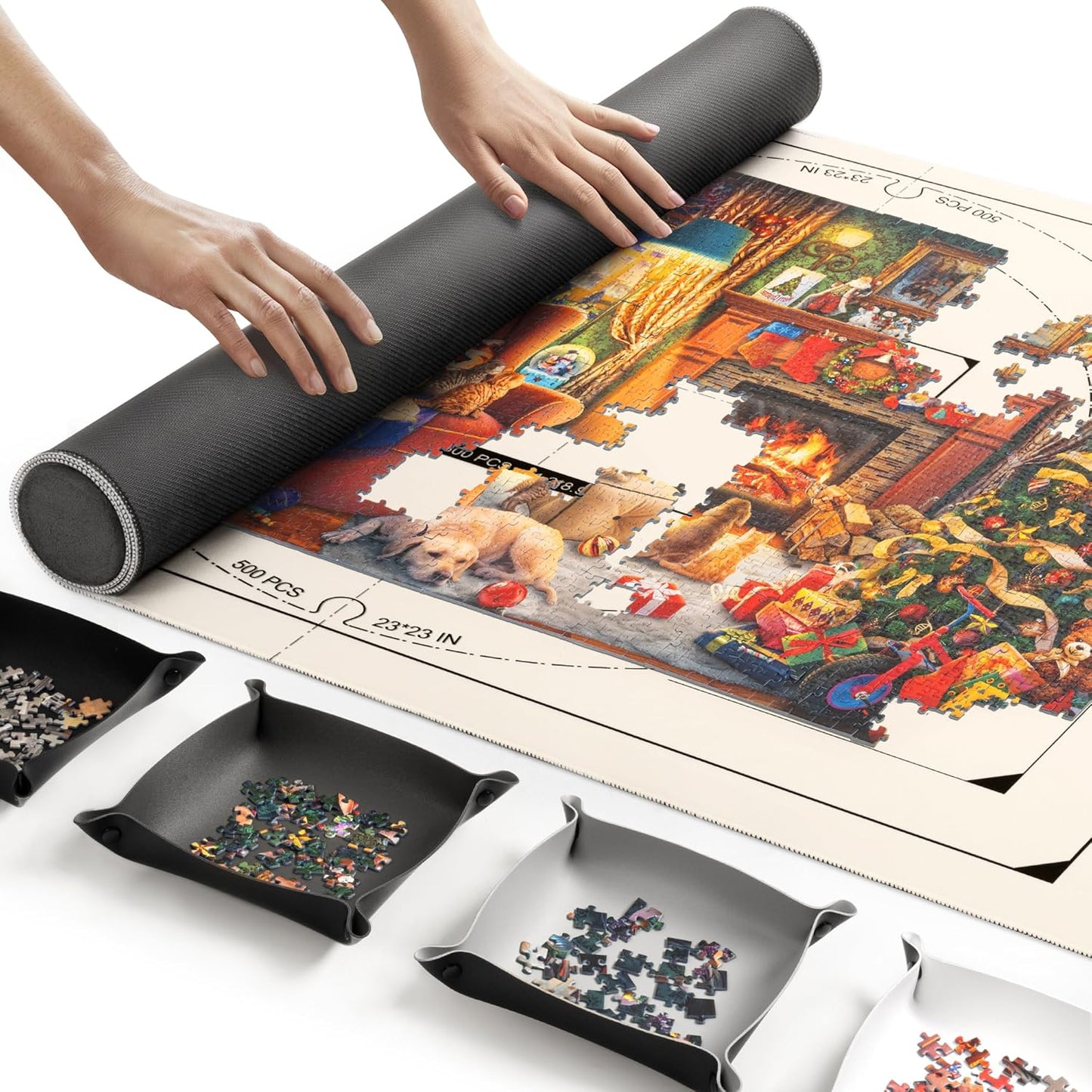 ropoda 1500 Pieces 46" x 26 "Puzzle Mat Roll Up, Puzzle Saver with 4 Large Sorting Trays & Travel Storage Bag, Portable Rollup Puzzles Keeper (White)