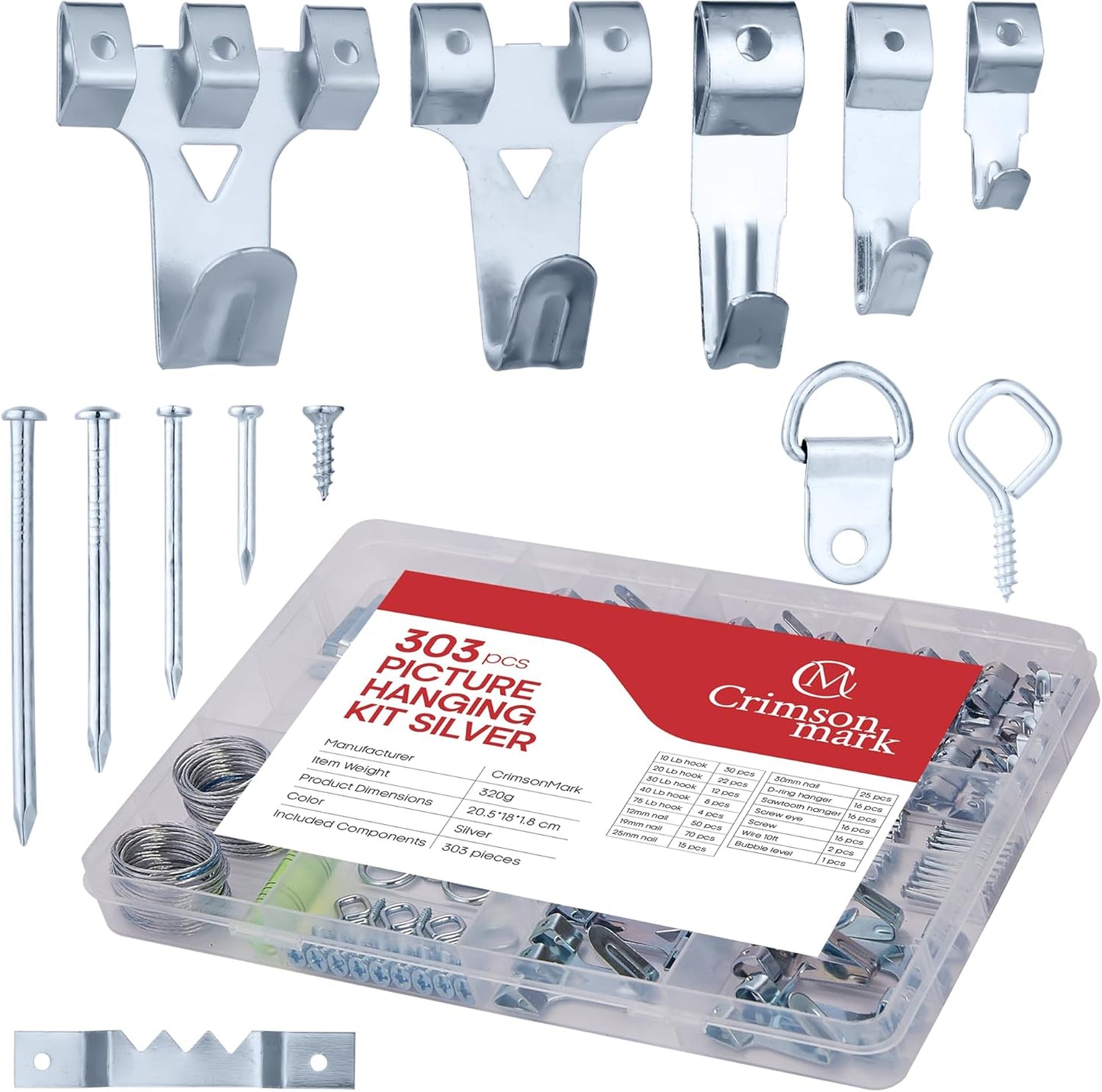 303-Piece Picture Hanging Assortment, Heavy Duty Hooks, Nails, Sawtooth, D-Rings, Wire, Level, and Metal Wall Hooks for Picture Framing and Canvas Mounting (Silver)