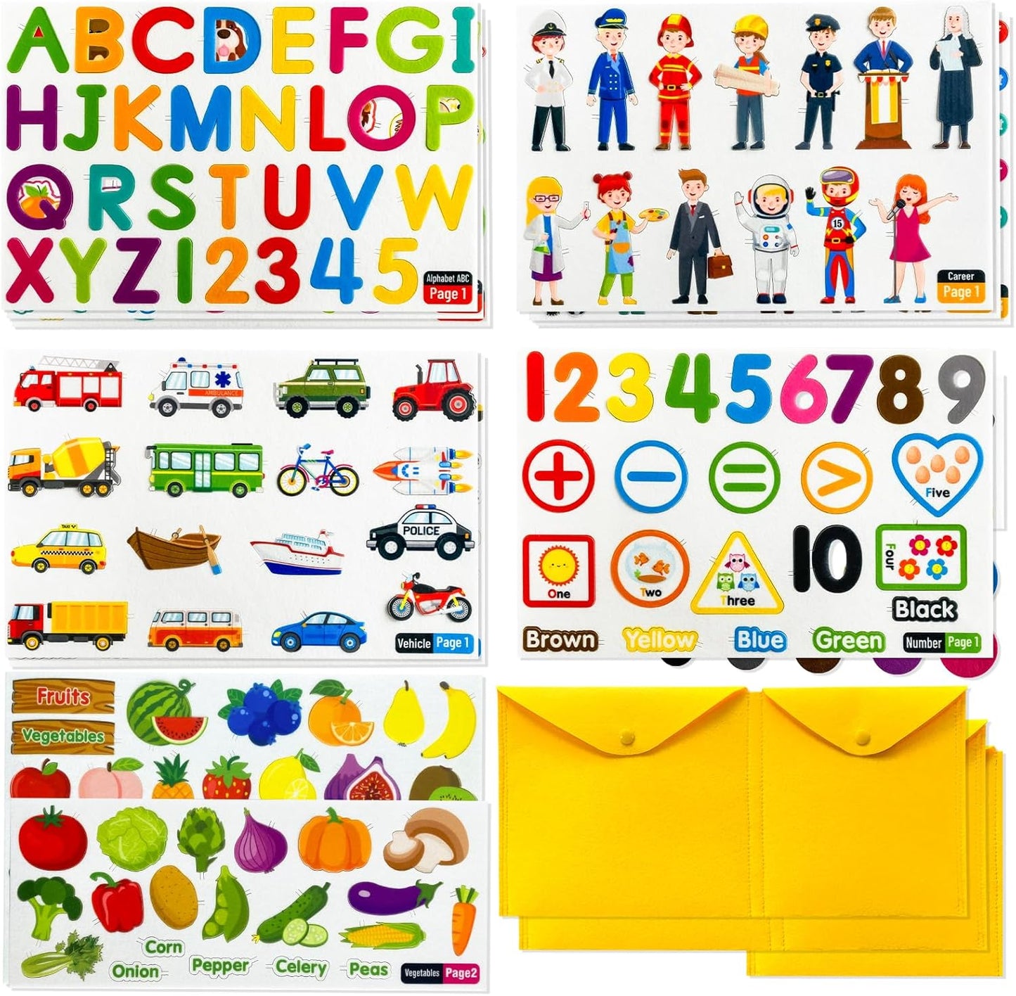 PENGFULL 5 Felt Learning Pieces Set,Alphabet Letters Fruits and Vegetables Numbers Community Helpers Transportation Learning Pieces,for Felt Flannel Board, for Toddlers Kindergarten Preschool