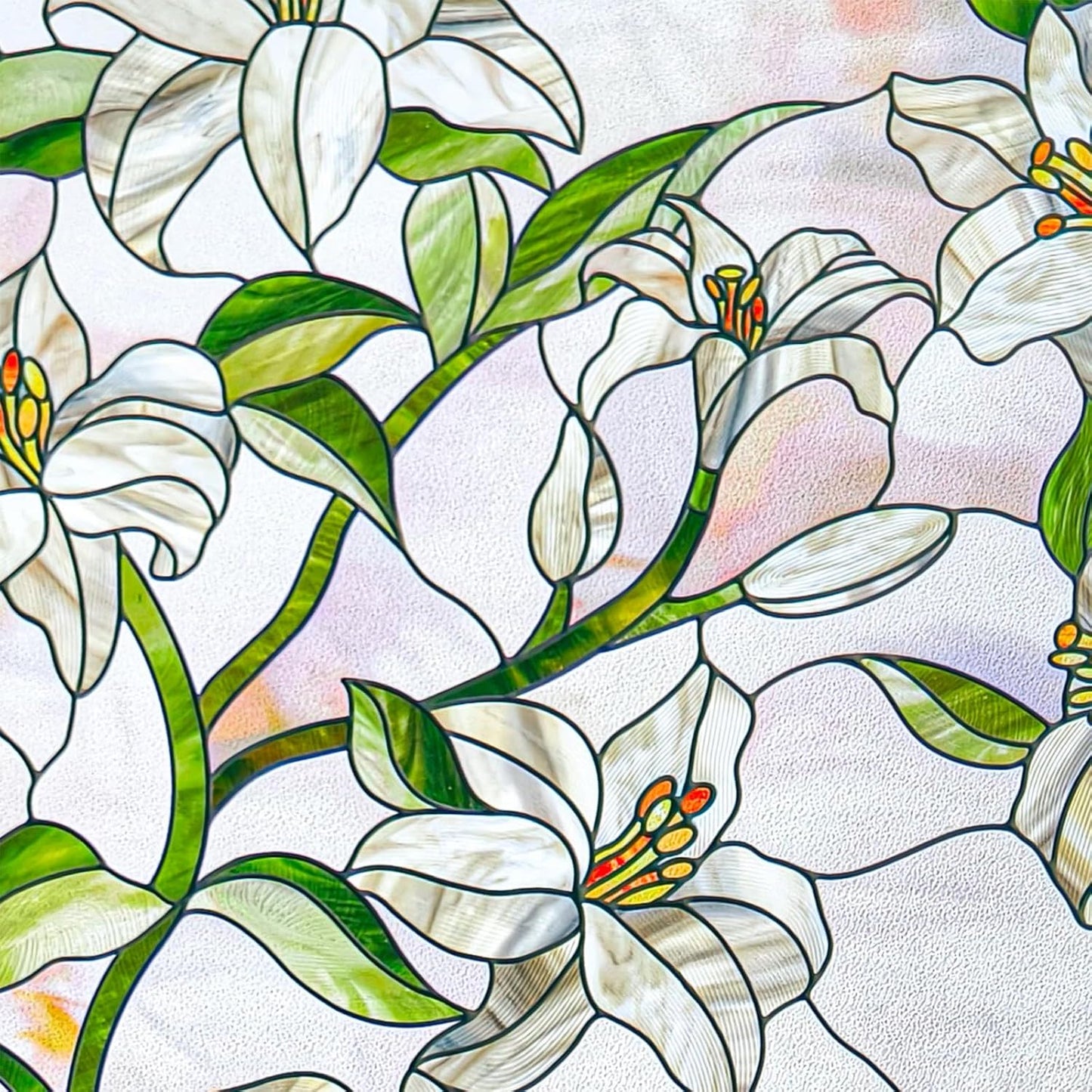 3D Stained Glass Window Film, Decorative Window Privacy Film for Bathroom,Front Door,Home, Sun Blocking Heat Control,Static Cling, White Lily 23.6inch x 35.4inch