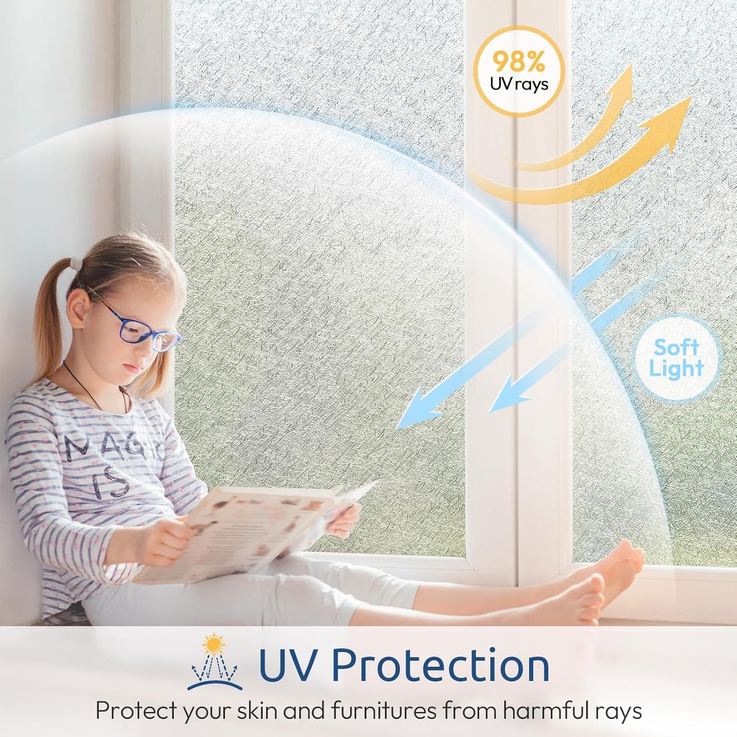 rabbitgoo Window Privacy Film Frosted Glass Film, Decorative Cling UV Sun Blocking Decals, Frosting Window Clings for Home Bathroom Door Coverings, 23.6 x157.5 inches