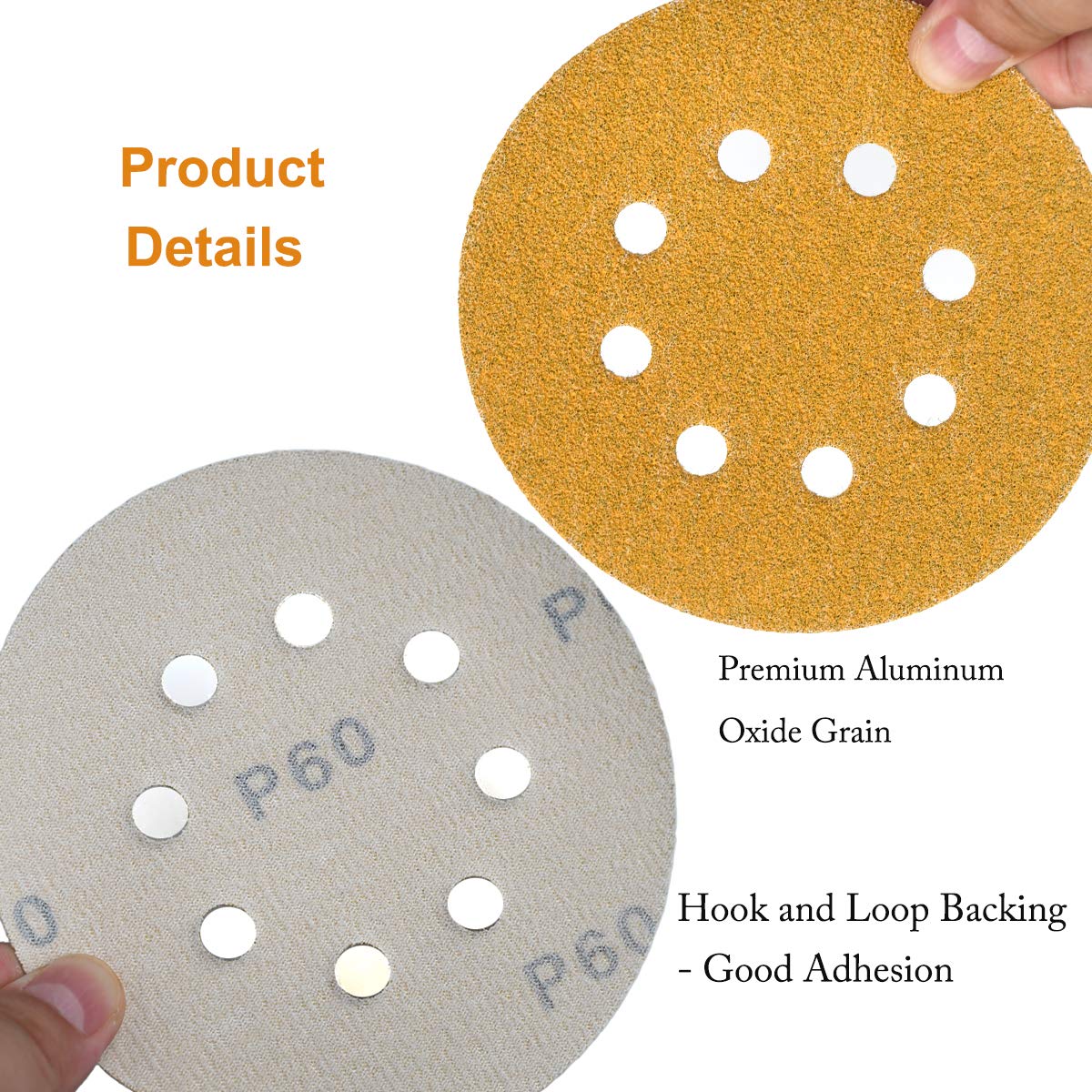 5-Inch 8-Hole Hook and Loop Sanding Discs 60-Grit Random Orbit Sandpaper, 50-Pack