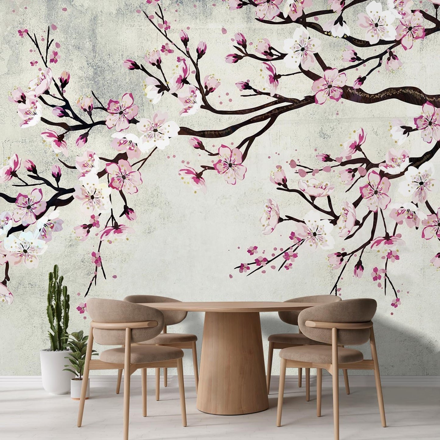 wall26 Large Wall Mural Watercolor Style Ink Painting Pink Cherry Blossom on Vintage Wall Background | Self-Adhesive Vinyl Wallpaper/Removable Modern Wall Decor - 120x168 inches