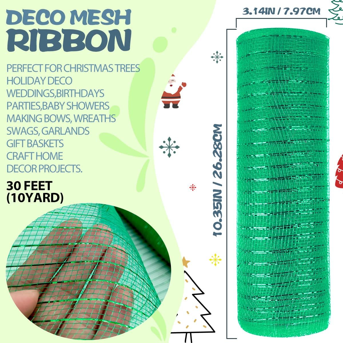 Anivia Deco Mesh Ribbon, 10inch x 30 Feet Each Roll Metallic Foil Mesh Ribbon for Wreaths Swags, Holloween, and Christmas Tree Decoration (Green/Green Foil)