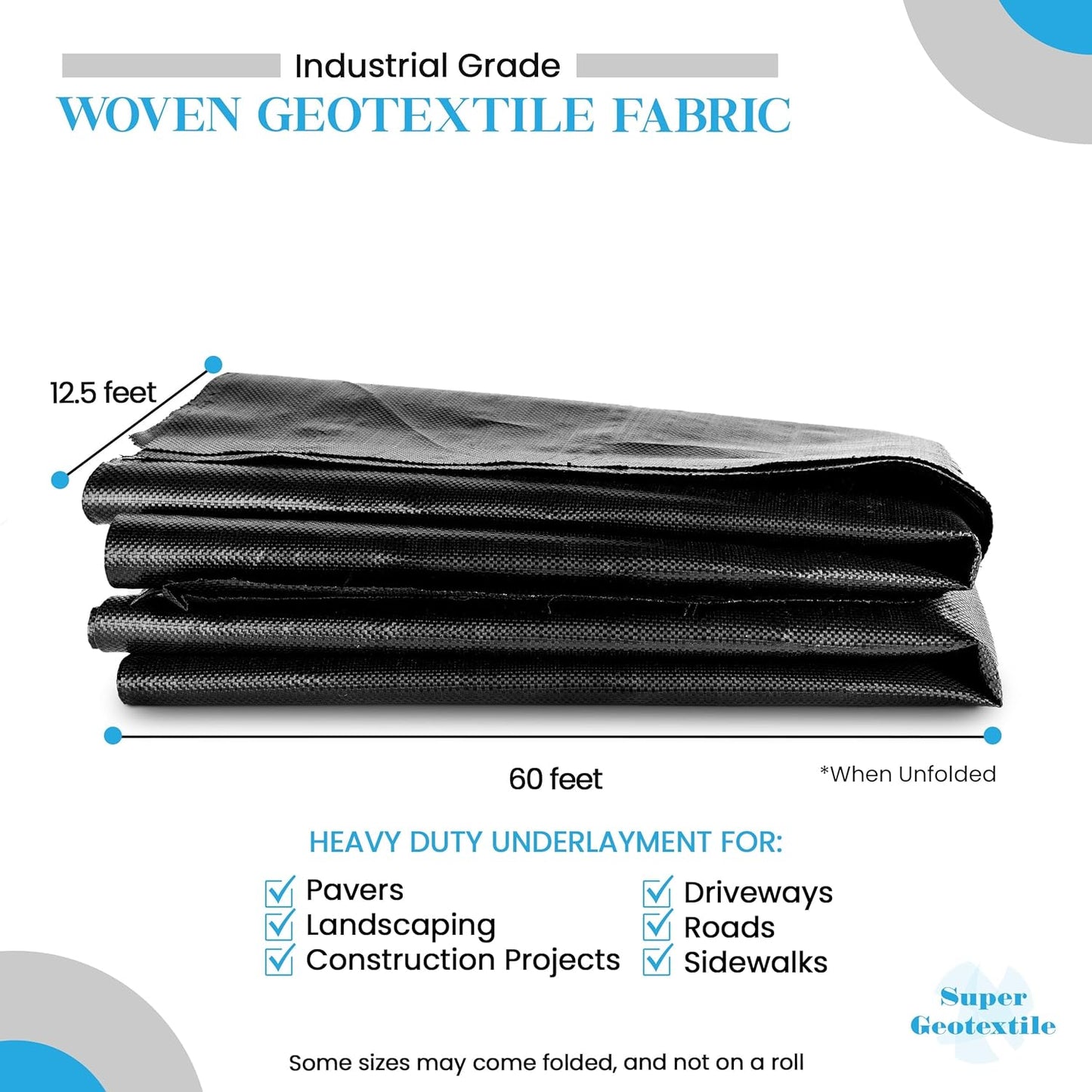 Woven Geotextile Fabric for Driveway and Road Stabilization, Construction Underlayment, Erosion Control, Commercial Grade 50 Year for Gravel Roads and Pavers (12.5x60) Ships Folded