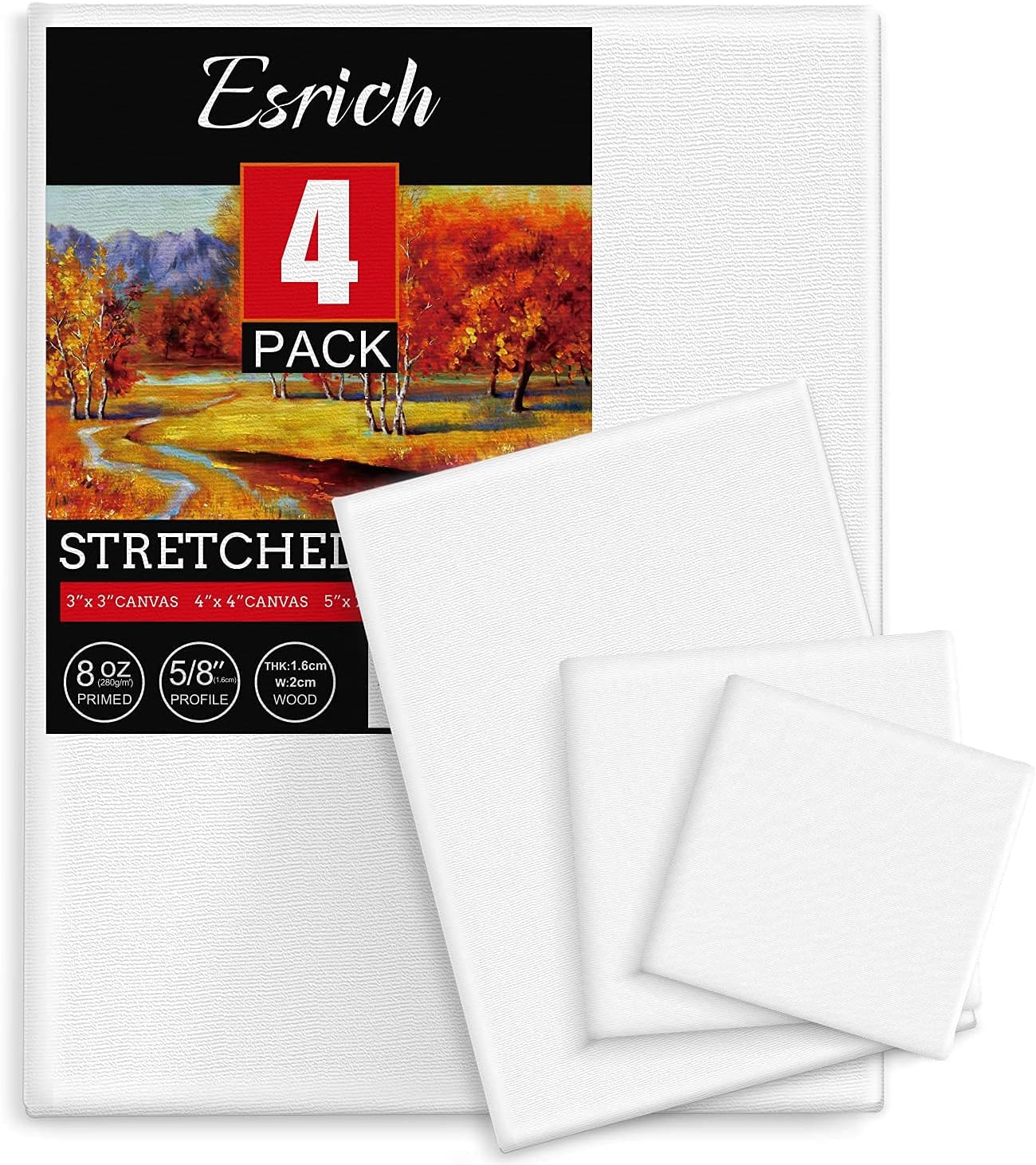 ESRICH 4 Pack Stretched Canvas for Painting with 9x12, 5x7, 4x4, 3x3, Primed Acid-Free Cotton Blank Canvases for Painting, Painting Canvas for Oil & Acrylic Paint.