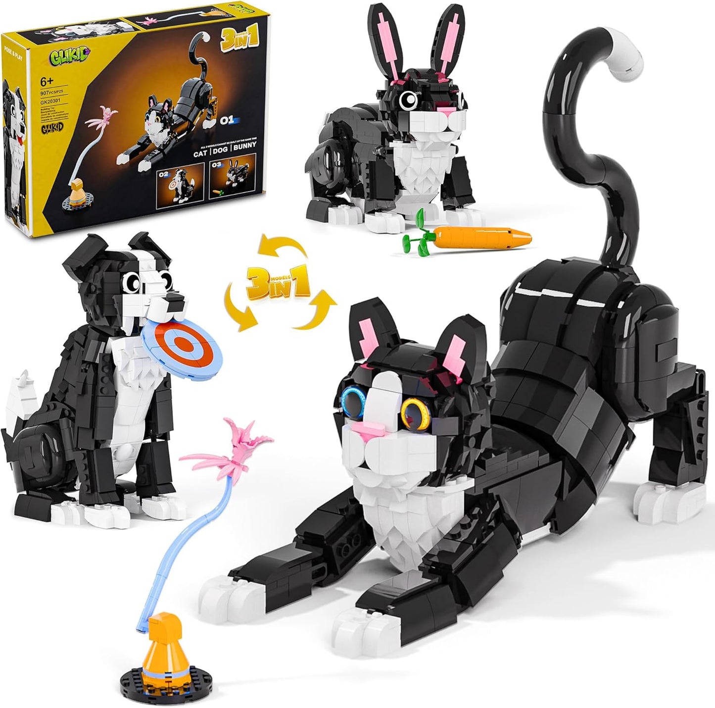 3 in 1 Animal Tuxedo Cat Building Set - Animal Figurines with 3 Building Options into Cat, Dog, or Rabbit - Learning Toy, Birthday Gift for Kids, Girls & Boys Ages 6+