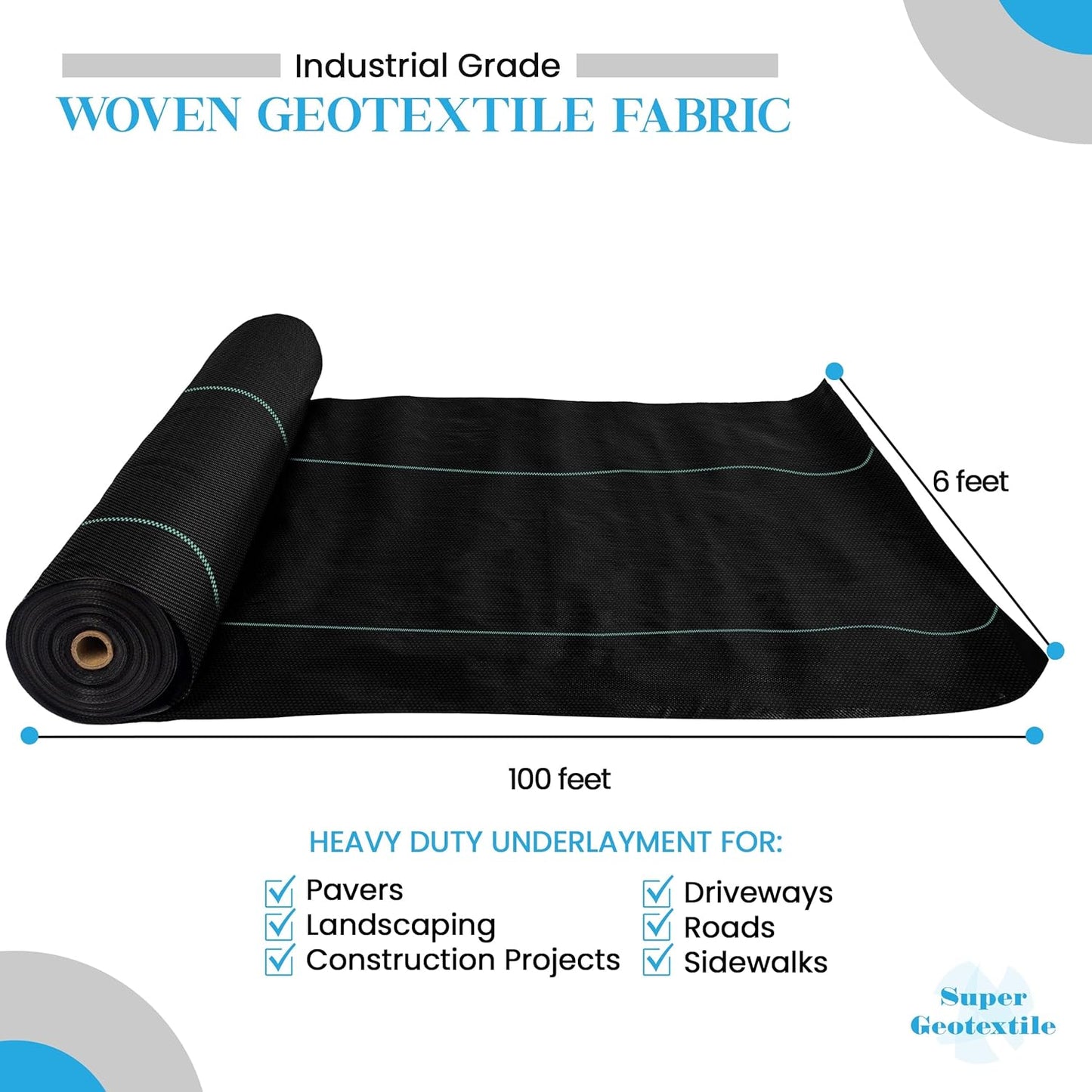 Woven Geotextile Fabric for Driveway and Road Stabilization, Construction Underlayment, Erosion Control, Commercial Grade 50 Year for Gravel Roads and Pavers (6x100)