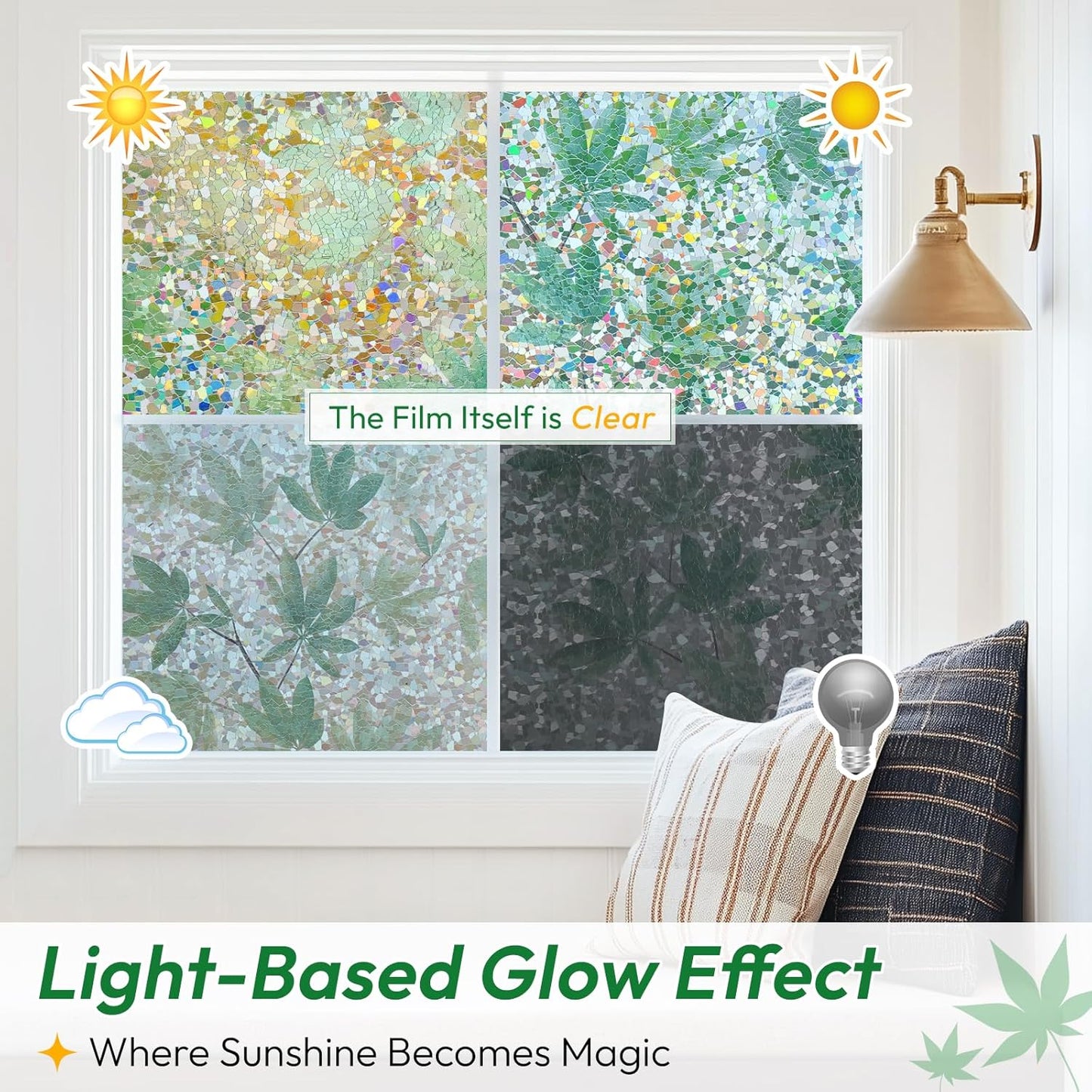 rabbitgoo Rainbow Window Privacy Film Decorative Stained Glass Diamond Pattern Window Sticker with Iridescent Tint Non-Adhesive Static Cling for Home Office Bathroom, Green Leaf 35.4 x 78.7 inch