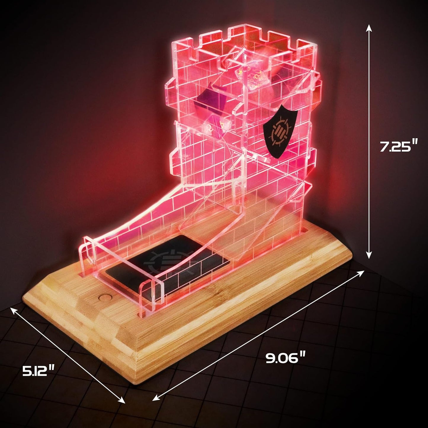 ENHANCE Tabletop LED Dice Tower with 7pc Dice Set for RPG Games - Clear Gaming Set, LED Lit Rolling Tray with Bamboo Base and Castle Tower Design, Roll Up to 14 at Once - Great for Game Night