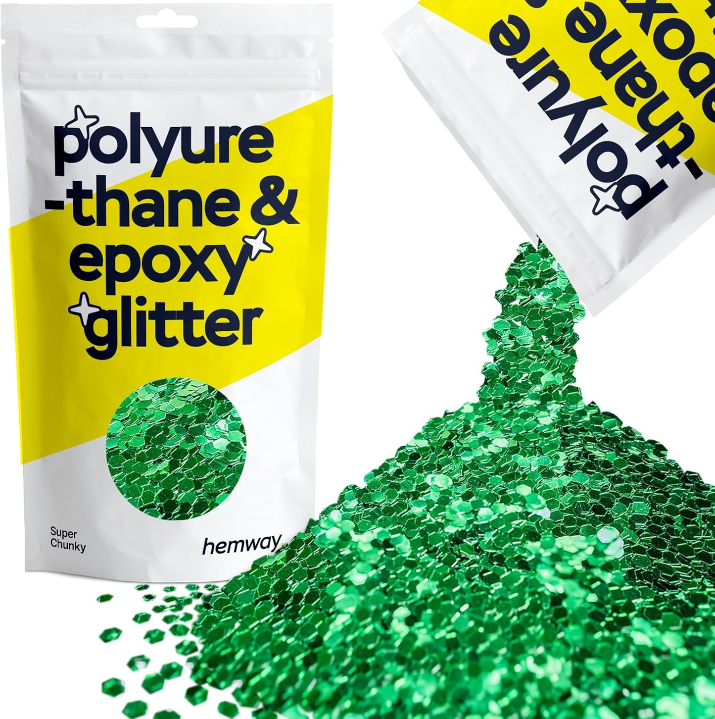 Hemway Polyurethane & Epoxy Resin Glitter 100g / 3.5oz Metallic Crystal Flake Additive for Flooring Jewelry Tumblers Glass Pigment - Super Chunky (1/8" 0.125" 3mm) - Emerald Green