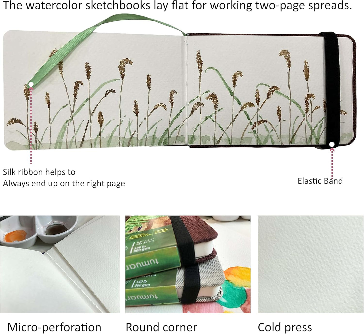 tumuarta Watercolor Journal,140 LB, 300 GSM, 8.25x5.5, Cotton Paper, Cold Press, 24 Sheets, 48 Pages, Watercolor Paper Sketchbooks for Use As Travel Notebook and Mixed Media Pad