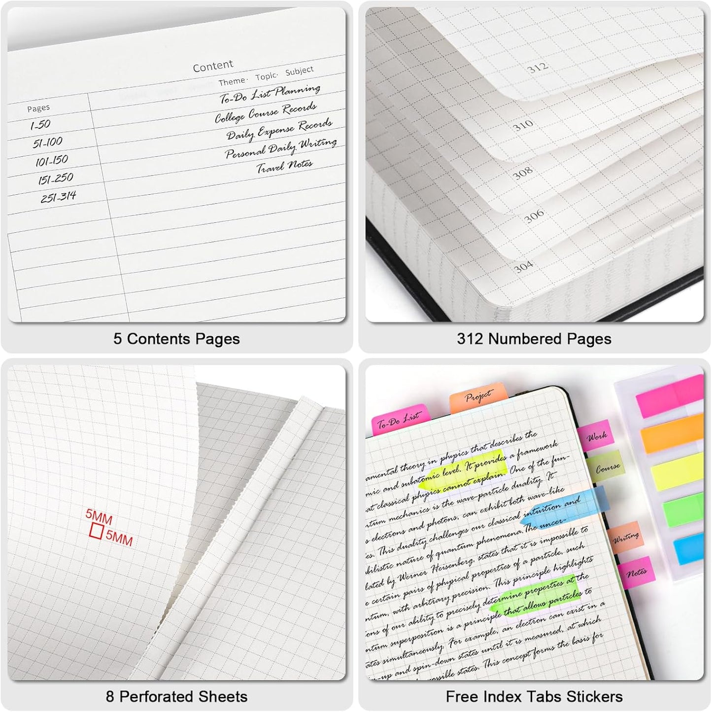 5 Pack Graph Paper Notebook, 312 Numbered Pages Graph Notebook Bulk, 100gsm No Bleed Grid Paper Notebooks for Work, Hardcover Leather Journal, Squared Grid Notebook for Graphing Notes Math, Multicolor