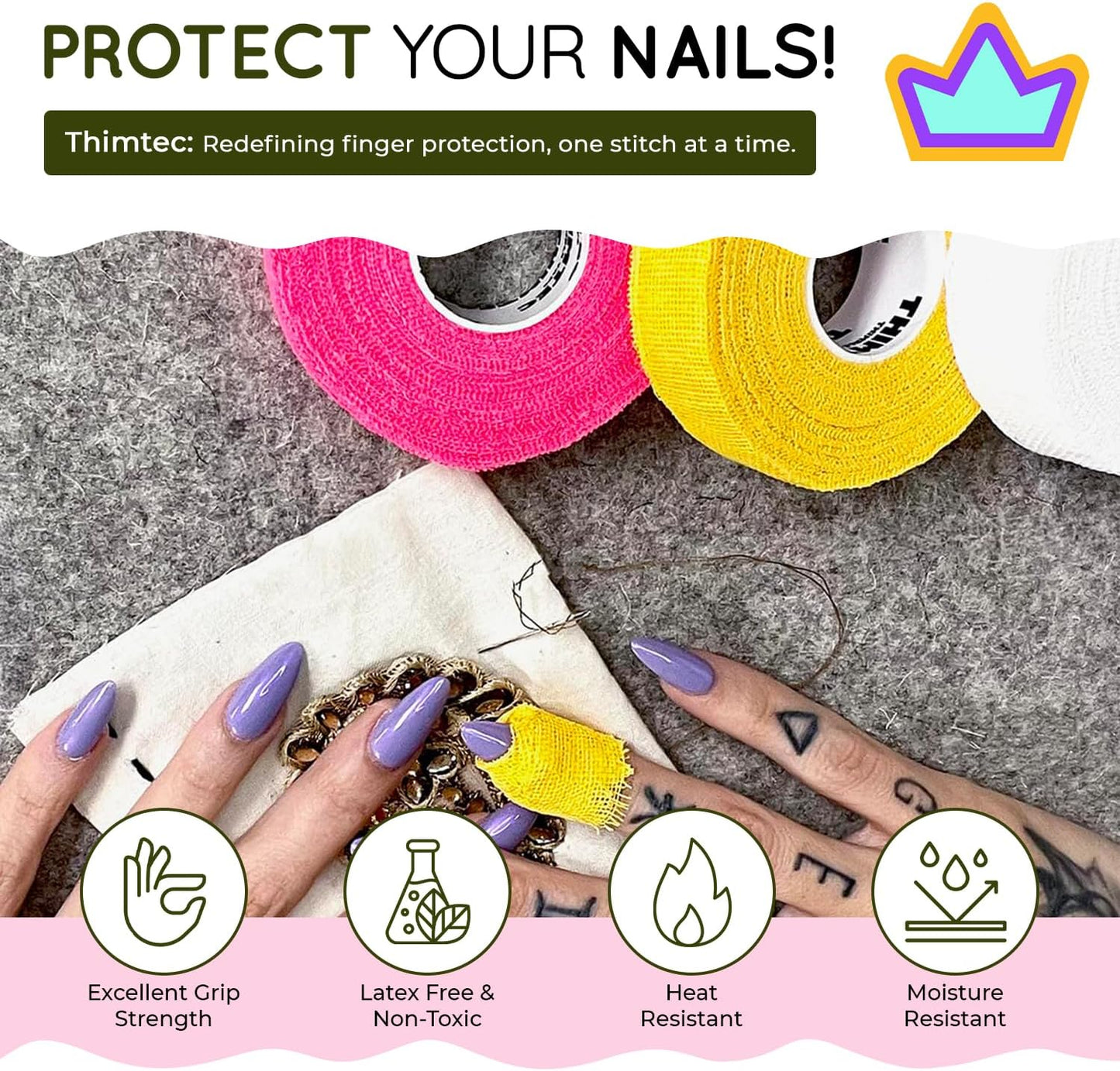 THIMTEC - The Original Thimble Tape for Hand Sewing - Fully Adjustable Nail & Finger Protector - A Smarter Alternative to Classic Knitting Thimbles - Sunshine, 3-Pack
