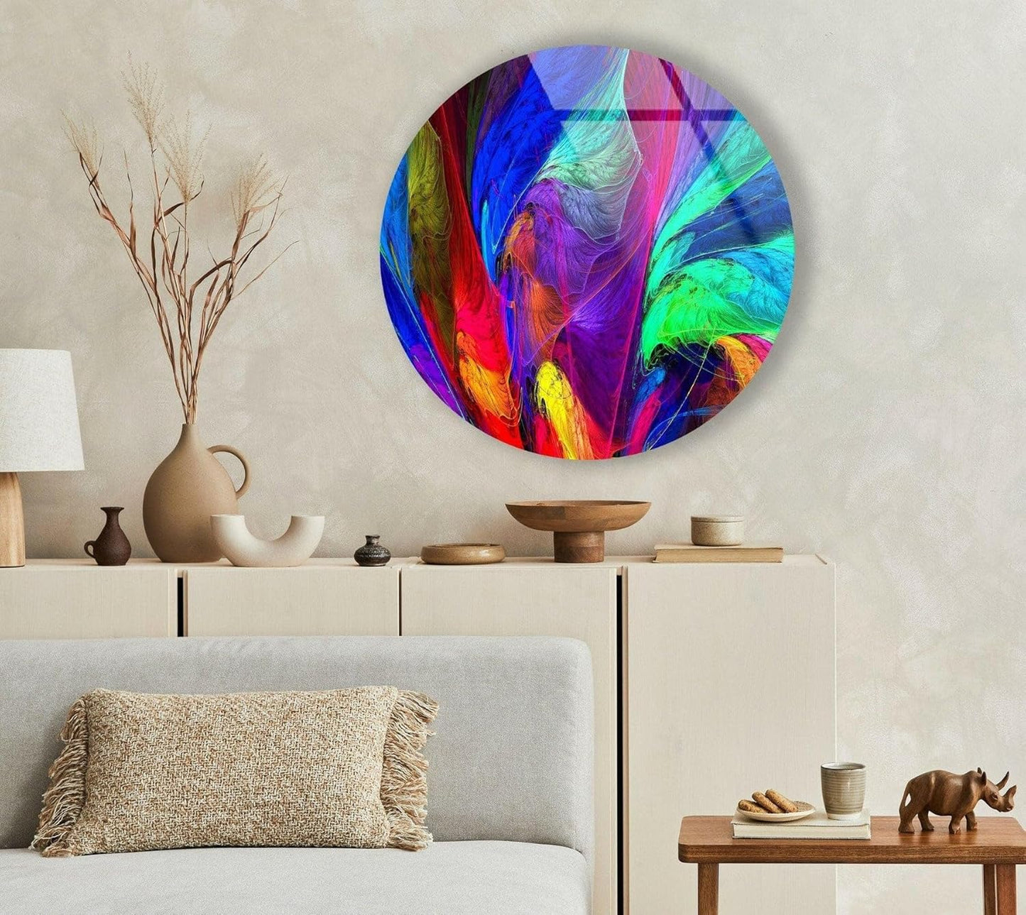 My Photostation.com 27.5''(70cm) Diameter Neon Colors Abstract Round Glass Wall Art Tempered Glass Printing Wall Decor Large Wall Art Wall Hangings