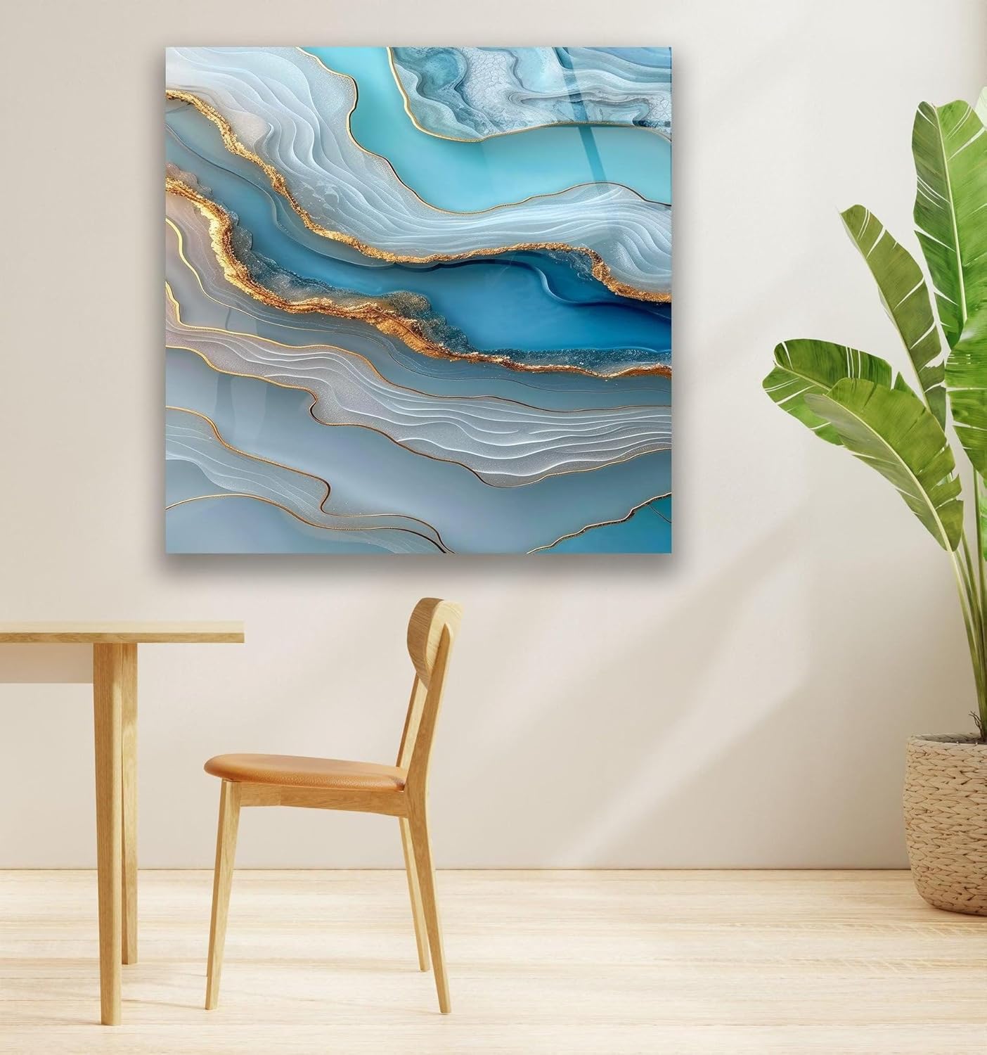 My Photostation.com 30Wx35.5H'' Turquoise and Blue Alcohol ink Glass Wall Art Tempered Glass Printing Wall Decor Large Wall Art Wall Hangings
