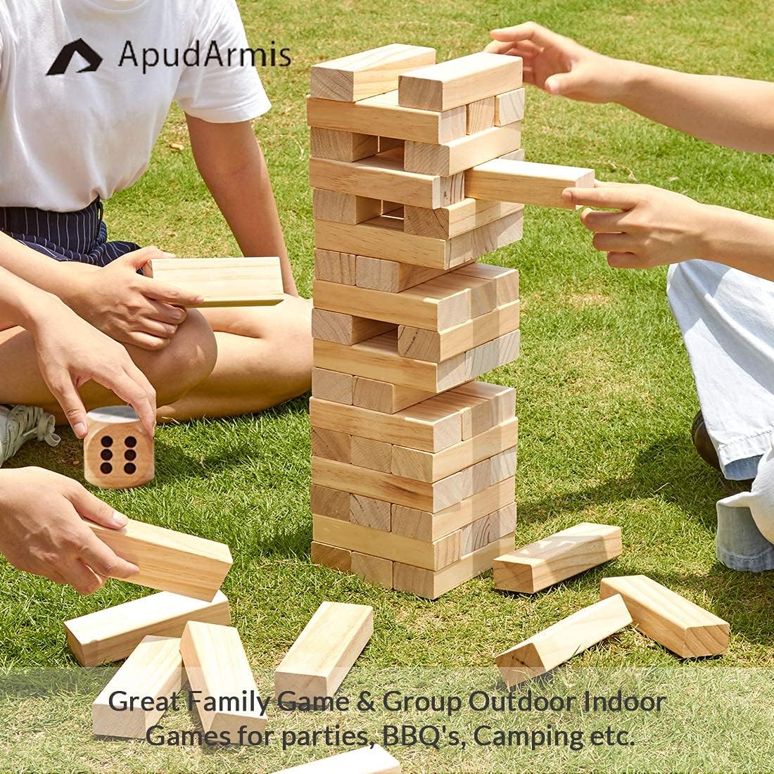 ApudArmis 54 PCS Tumble Timber Set [Up to 3.2FT], Pine Wooden Tumble Tower Game with Dice and Scoreboard Set - Classic Block Stacking Board Game for Teens Adults