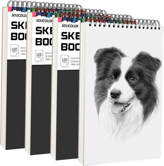 Soucolor Artist 9x12 Sketch Book Set, 4 Pack 100-Sheet Spiral Drawing Pads (68lb/100gsm) | Acid-Free Drawing Paper for Teens, Adults Classroom Art Supplies, Charcoal, Graphite, Pastel Pencils & Sticks