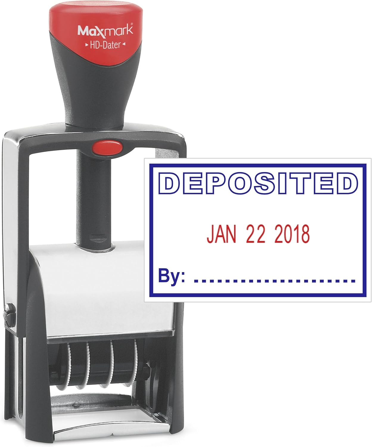 MaxMark Heavy Duty Self Inking Date Stamp with Phrase Deposited - 2 Color Blue/Red Ink