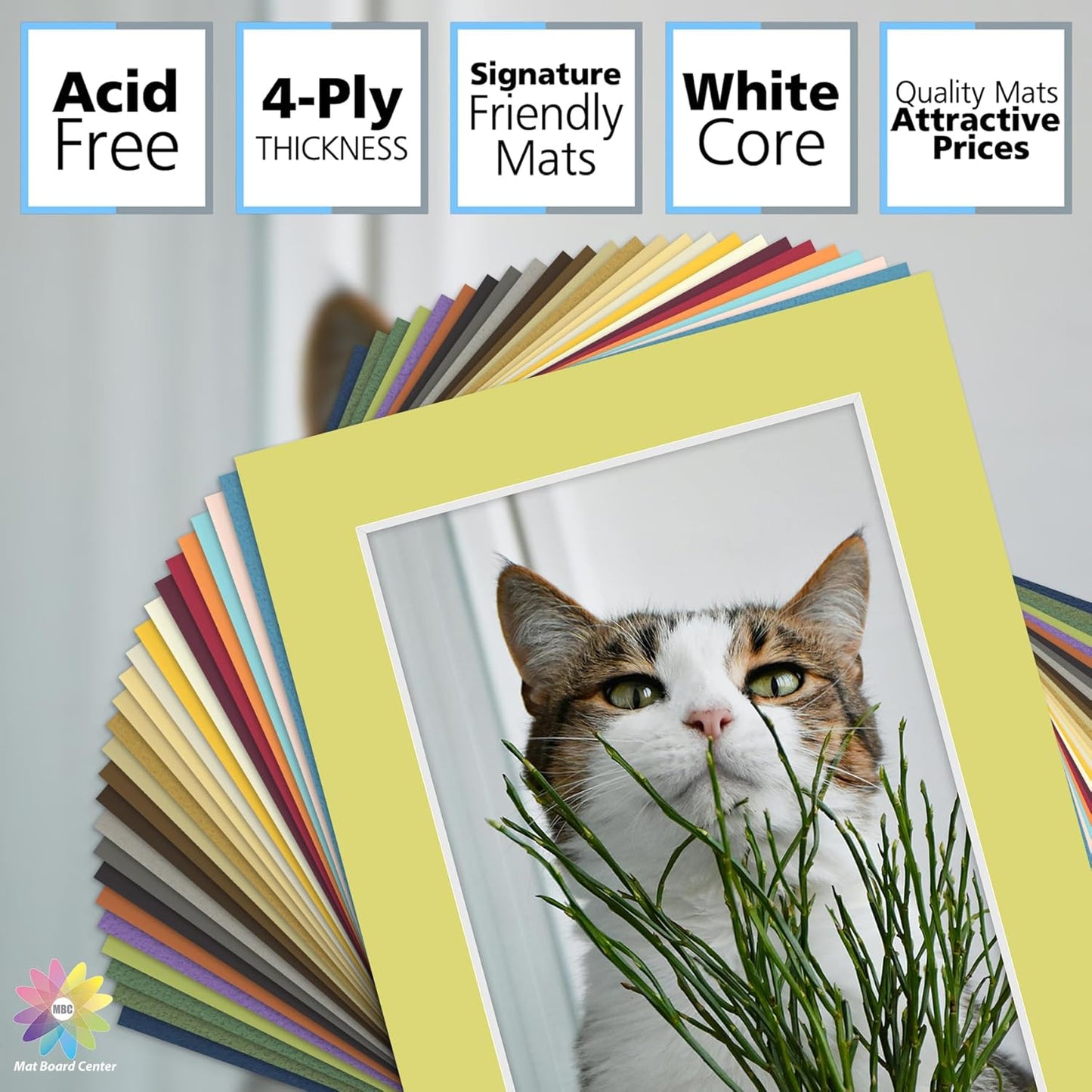 Mat Board Center, Pack of 50, 5x7 for 4x6 Mixed Color Mats - Acid Free, 4-ply Thickness, White Core - for Pictures, Photos, Framing