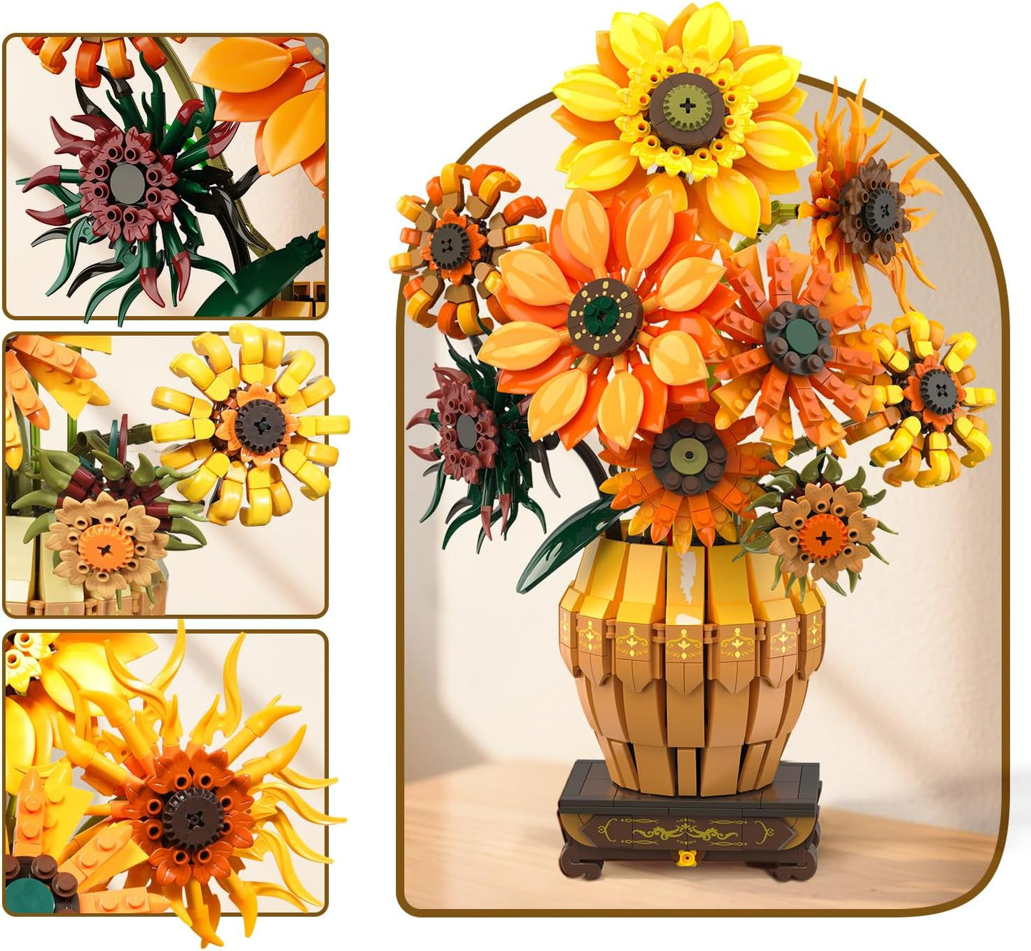 Sunflower Building Set with Lights Vase Base, Flowers Botanical Collection Building Block Home Decor, 1180PCS Art Flower Bouquet Bonsai Plant Building Kit Gift for Adults Teens Girls Boys 12+