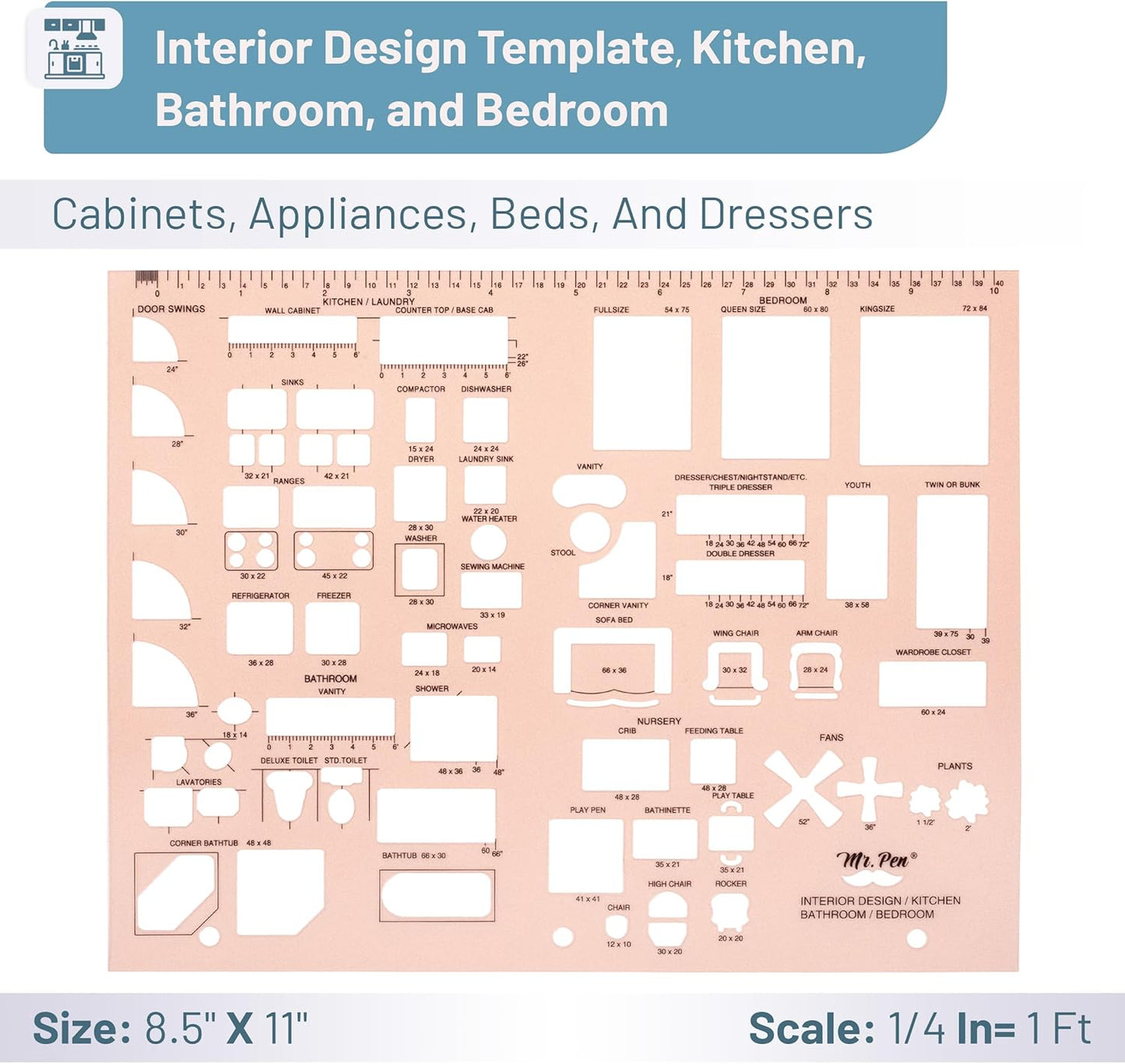 Mr. Pen- House Plan, Interior Design and Furniture Templates, Drafting Tools and Ruler Shapes for Architecture - Set of 3