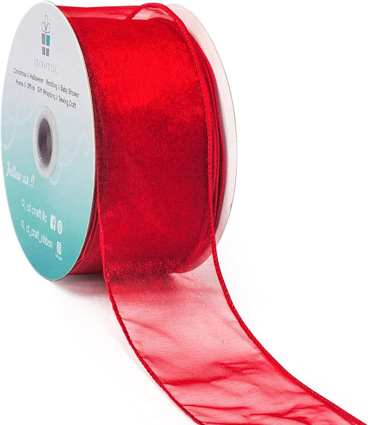 CT CRAFT LLC Sheer Organza Wired Ribbon 2.5" x 50Yards Red for Wedding Chair Bow Flora Bouquet Gift Wrapping Christmas Tree Home Decor Wreath