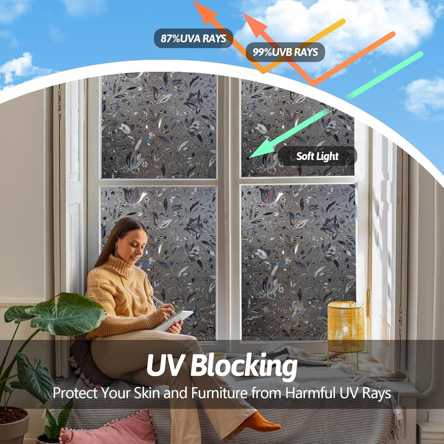 NINETREX Window Privacy Film,Decorative Window Film Frosted,Stained Glass Window Cling,Heat Blocker Non-Adhesive for Home,Grayish Black 17.5 x 78.7inch