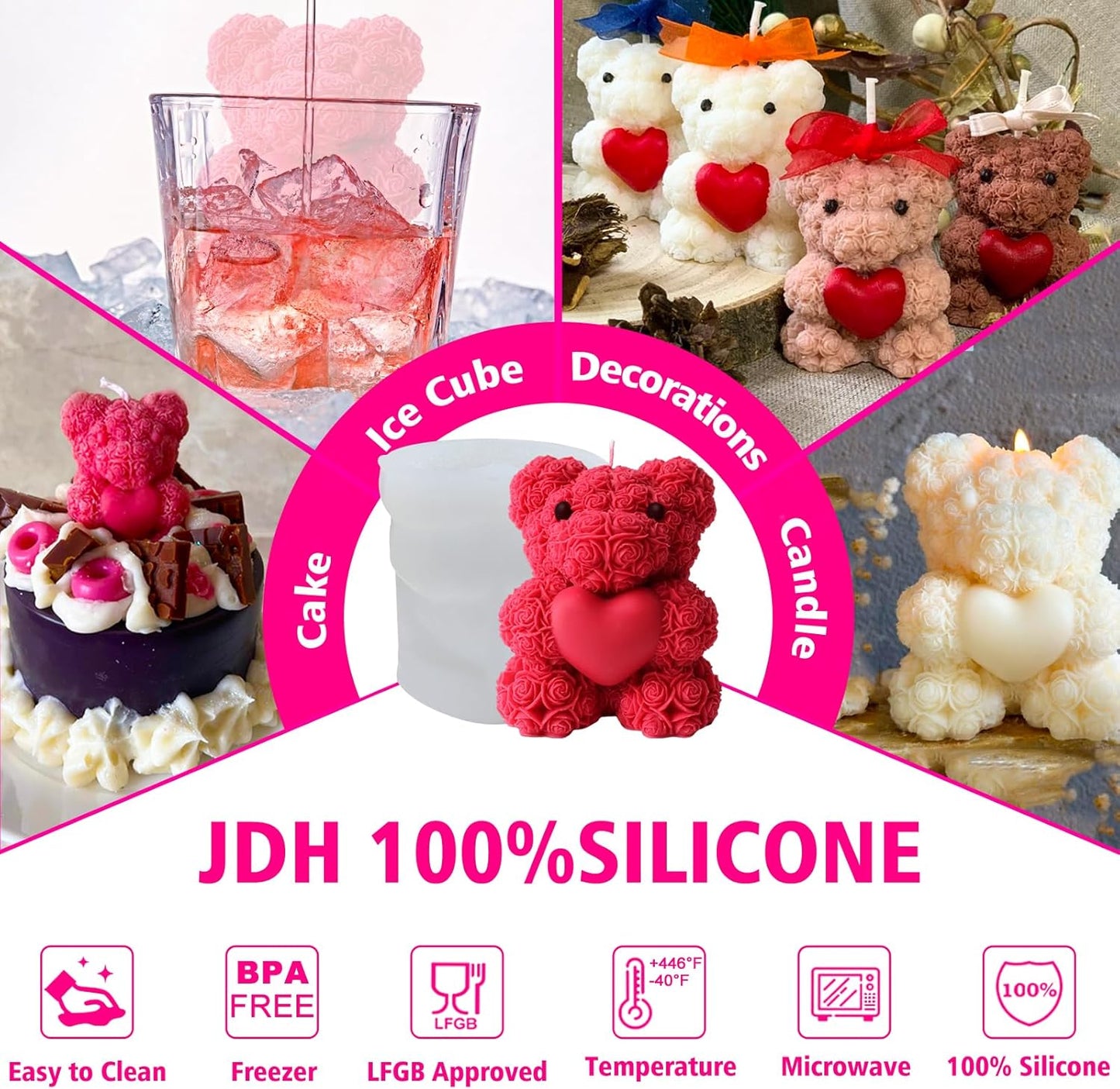 Large Rose Bear Silicone Mold - 3D Teddy Bear Candle Making Molds, Cute Epoxy Resin Molds for DIY Handmade Soaps,Mother's Day Gifts, Valentine Gifts, Birthday Gifts, Home Decor Crafts
