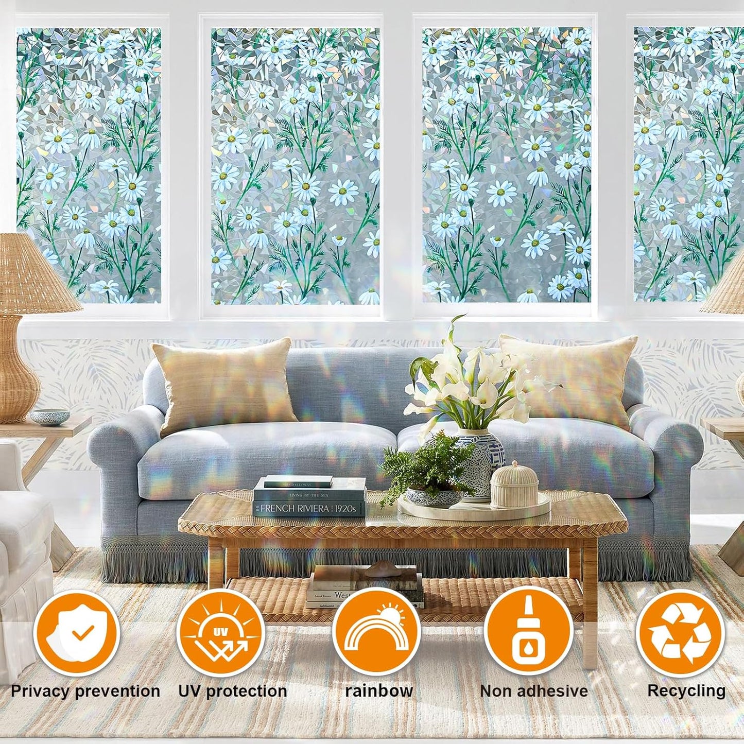 Window Privacy Film Stain Glass Window Film Rainbow Window Film Window clings Non-Adhesive Reusable Decorative for Room (Daisy Rainbow, 23.6 x 78.7 in)