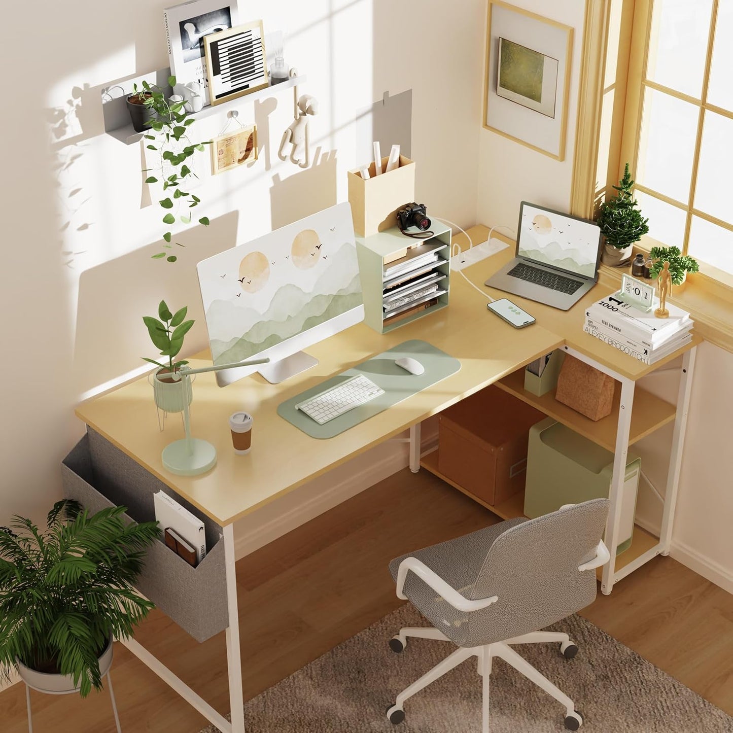 TIQLAB Small Computer Desk with Power Outlets, 40 Inch L Shaped Desk with Reversible Shelves, Gaming Desk Corner Desk Study Writing Table for Home Office Bedroom Living Room, Beige