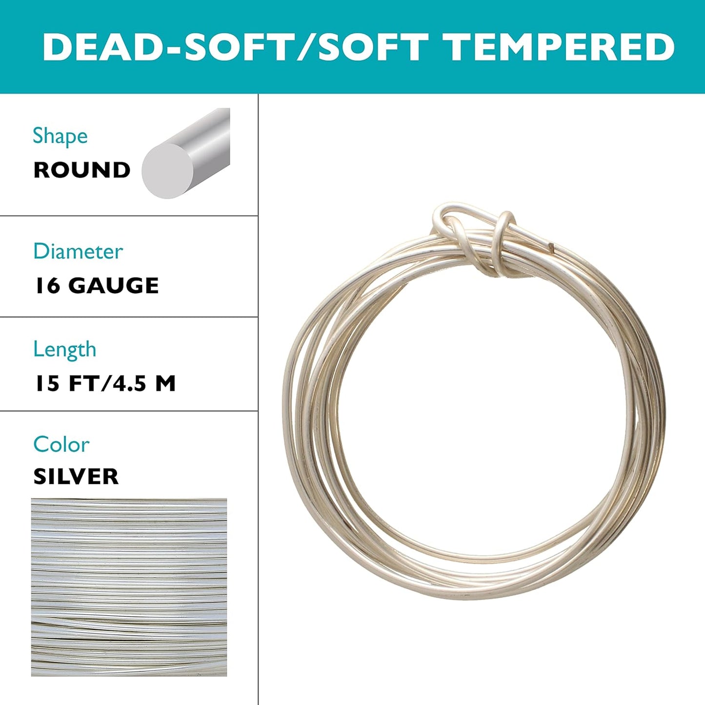 The Beadsmith Wire Elements Craft Wire – Tarnish Resistant, Soft Temper, Round, Silver Color – 1.3mm, 16 Gauge, 15 Foot Spool – Jewelry Making, Wire Wrapping, Floral, & Other DIY Crafts