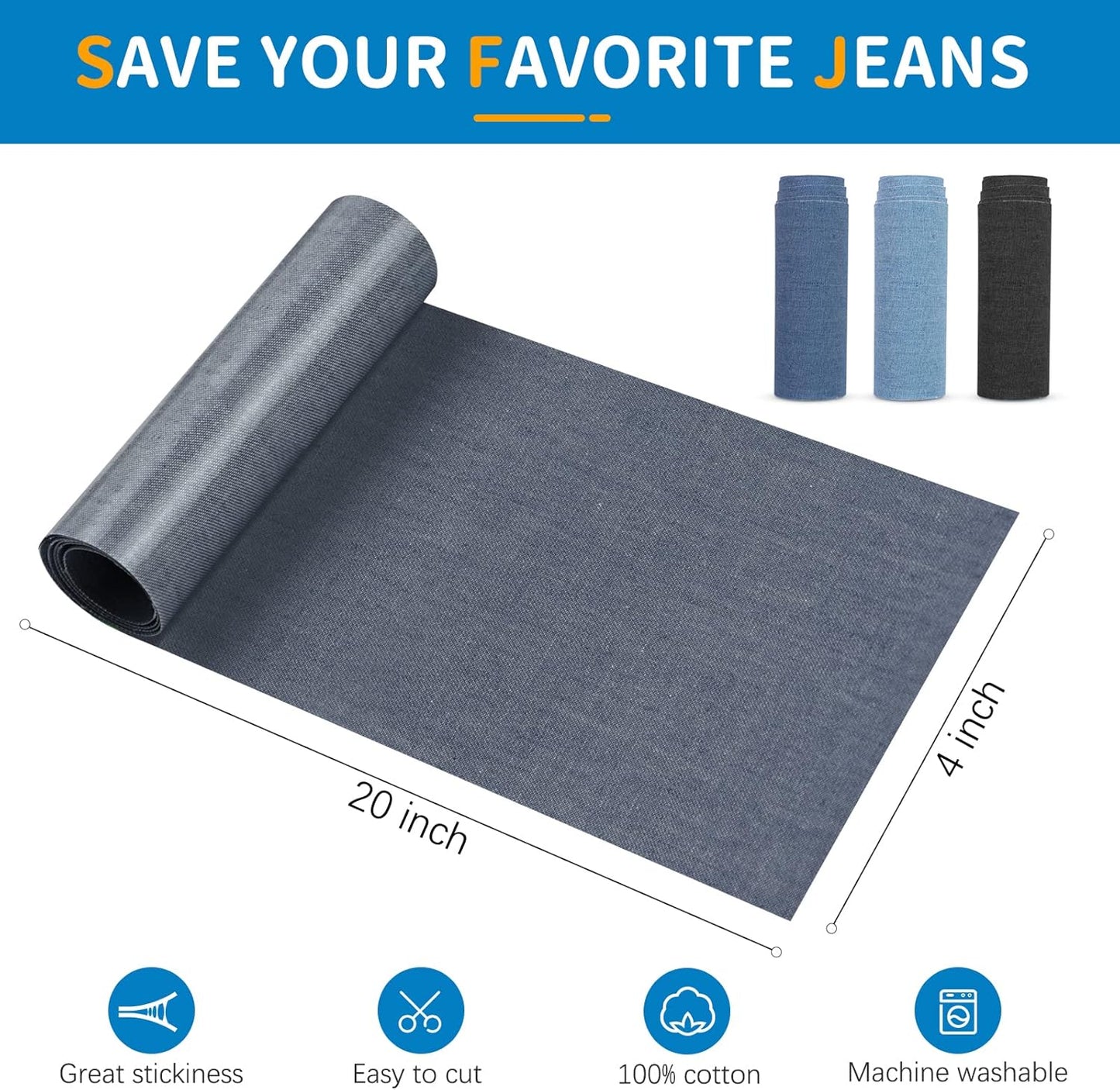 HTVRONT Iron on Patches for Clothing Repair 4 Rolls - Denim Patches for Jeans Kit 4" by 20", 4 Rolls of Iron On Denim Patches for Jeans Inside & Clothing Repair (Four Colors)