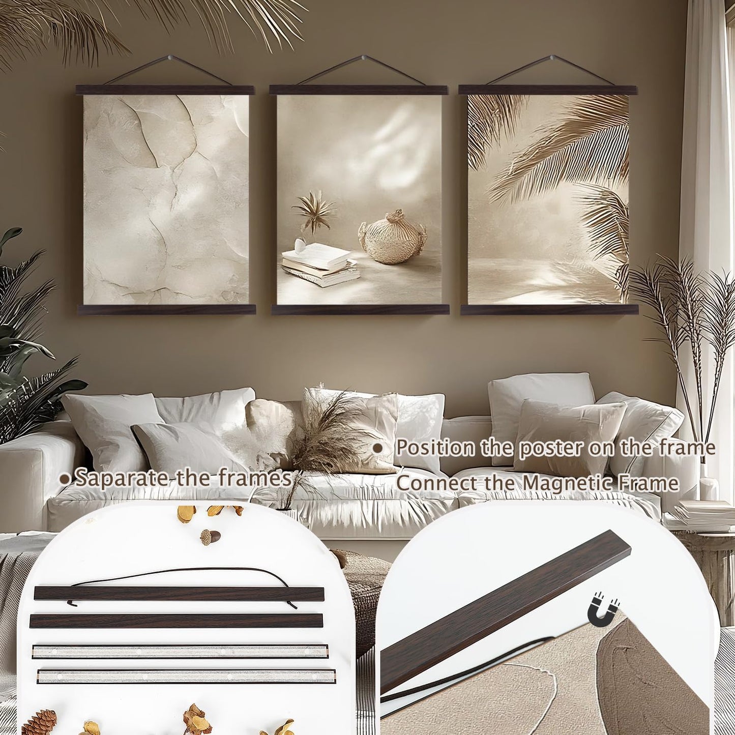 Artmag Magnetic Poster Hanger Frame, 34x22 34x23 34x48 Light Wood Wooden Magnet Canvas Artwork Print Poster Hangers Frames Hanging Kit (Walnut, 34")