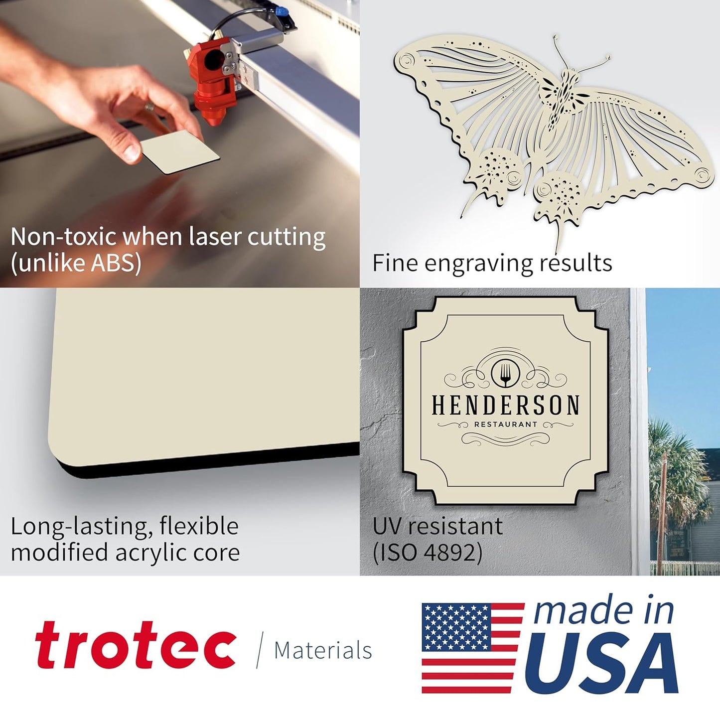 Trotec TroLase | 12"x20"x1/16", 4 Pcs | Almond/Black | 2 Ply | Modified Acrylic | Laser Engraving Double Color Plastic Sheet | Engraving Blanks for Laser, Saw, Guillotine | Made in USA