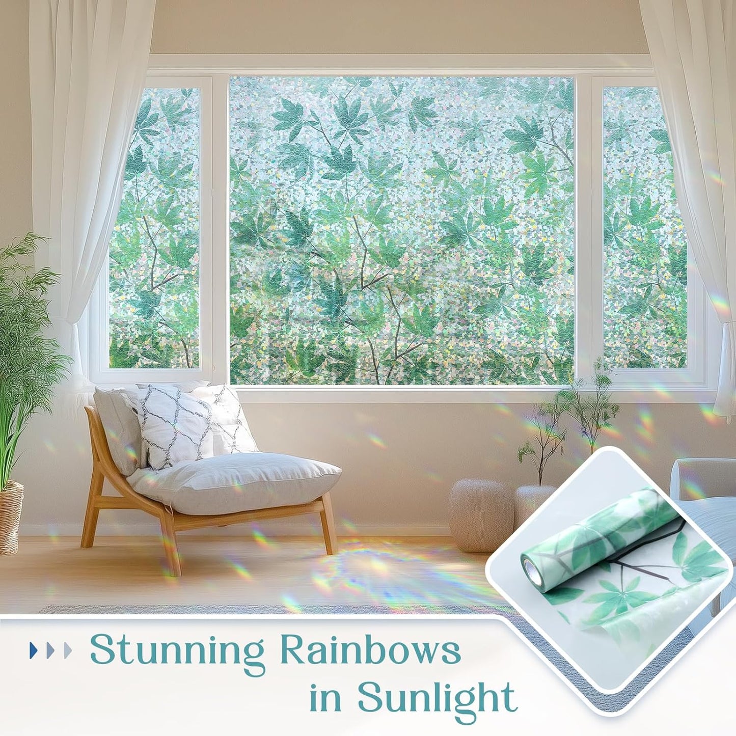 Haton Window Privacy Film, Decorative Stained Glass Window Clings, 3D UV Sun Blocking Sticker, Removable Static Cling Heat Control Tint for Home Door, Leaf Rainbow, 23.6" x 157.4" Non-Adhesive